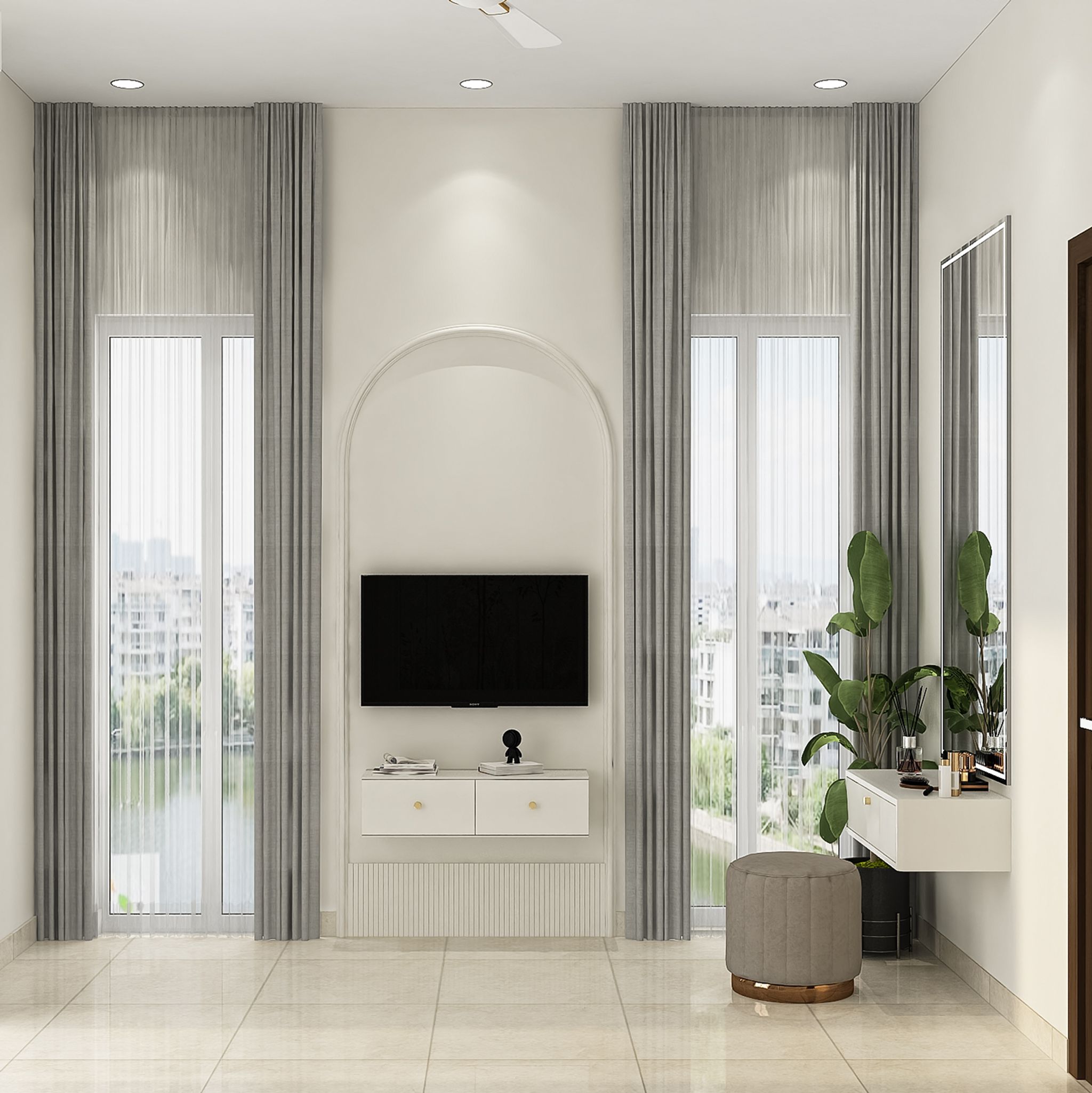 Modern White Master Bedroom TV Unit Design with Floating Console | Livspace