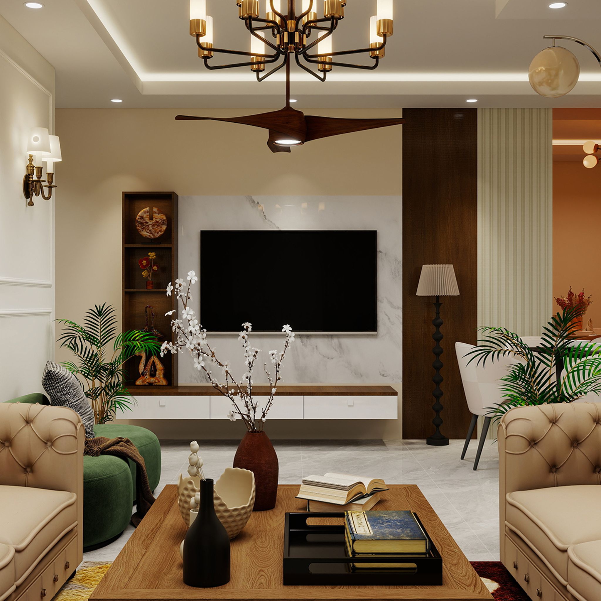 Traditional White and Tan Living Room TV Unit Design with Marble Frame ...