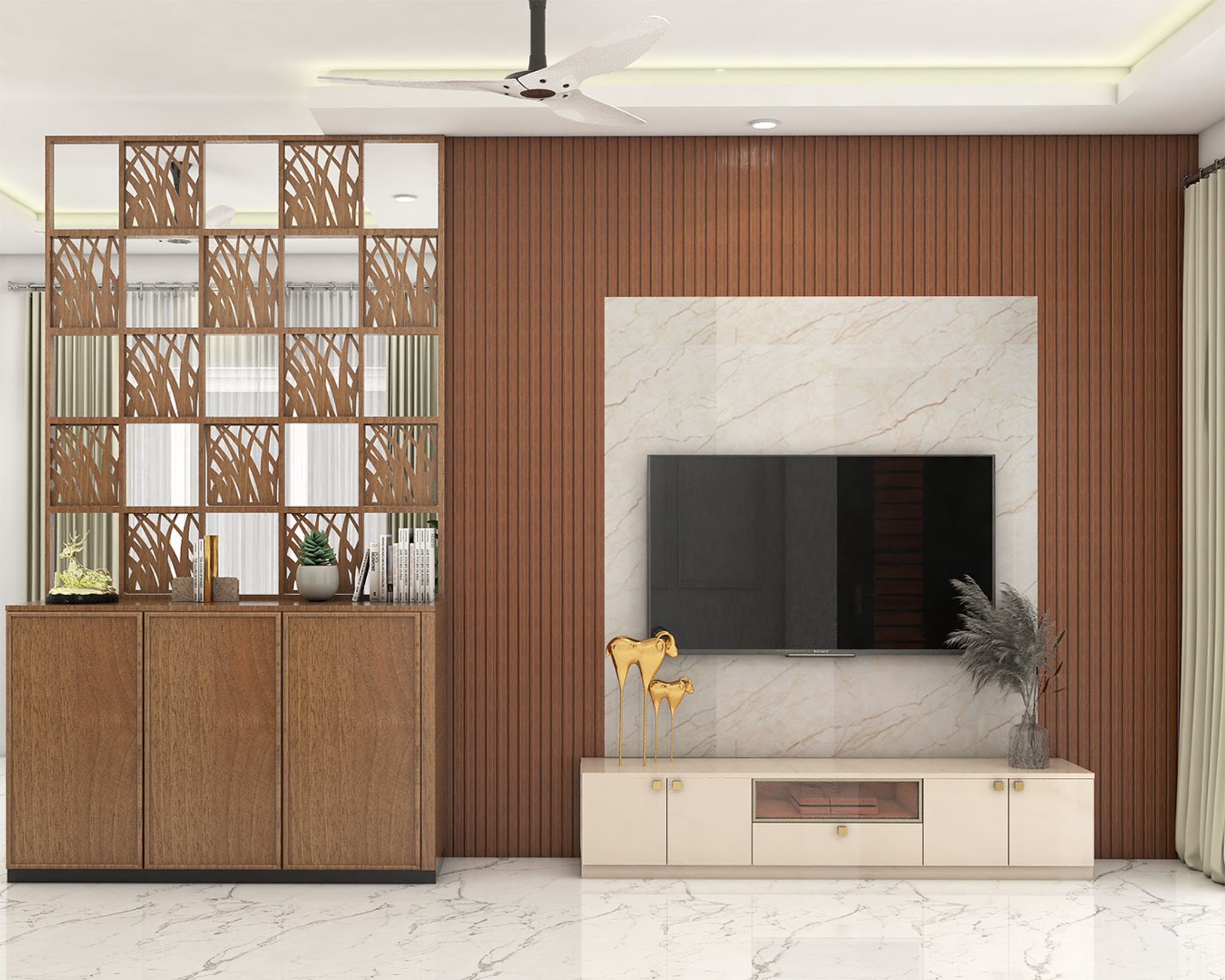 Contemporary Beige TV Unit Design with Glass Cabinet and Marble Panel ...