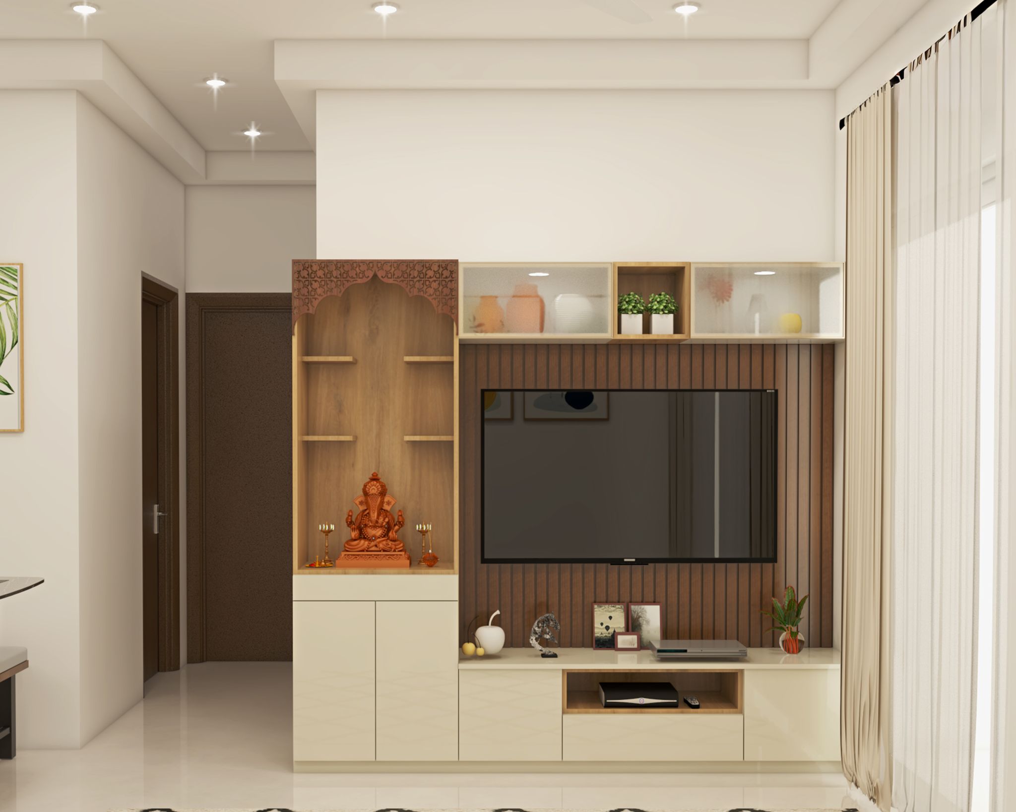 White Contemporary TV Unit Design with Display Tower and Storage ...