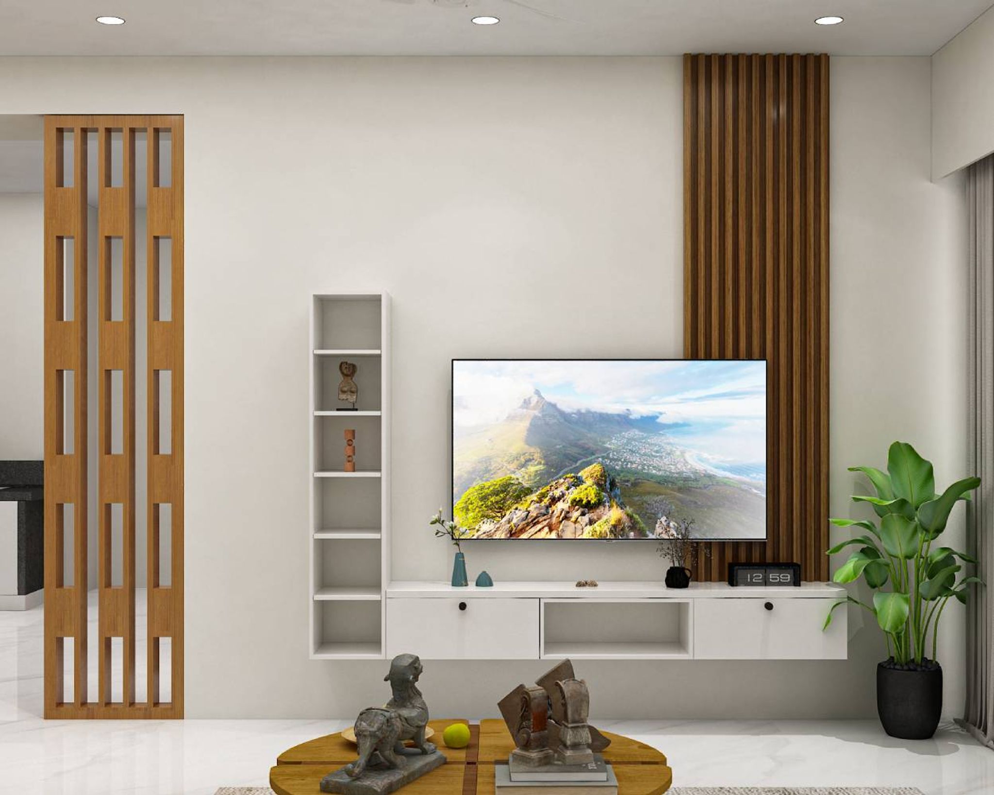 White Contemporary TV Unit Design with Vertical Slat Wall and Floating ...