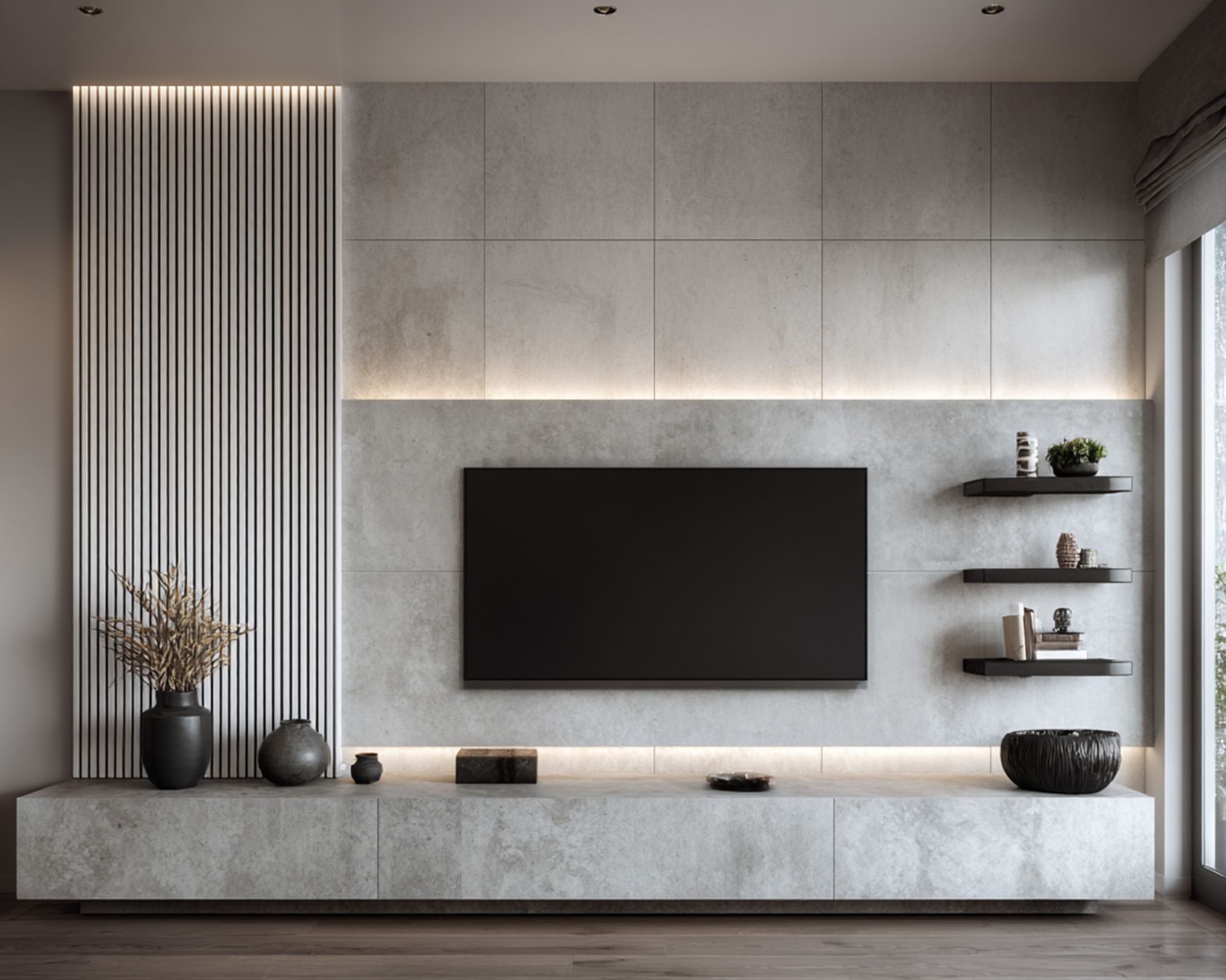 Contemporary Mellow Oak TV Unit Design with Slatted Panel and Matte ...