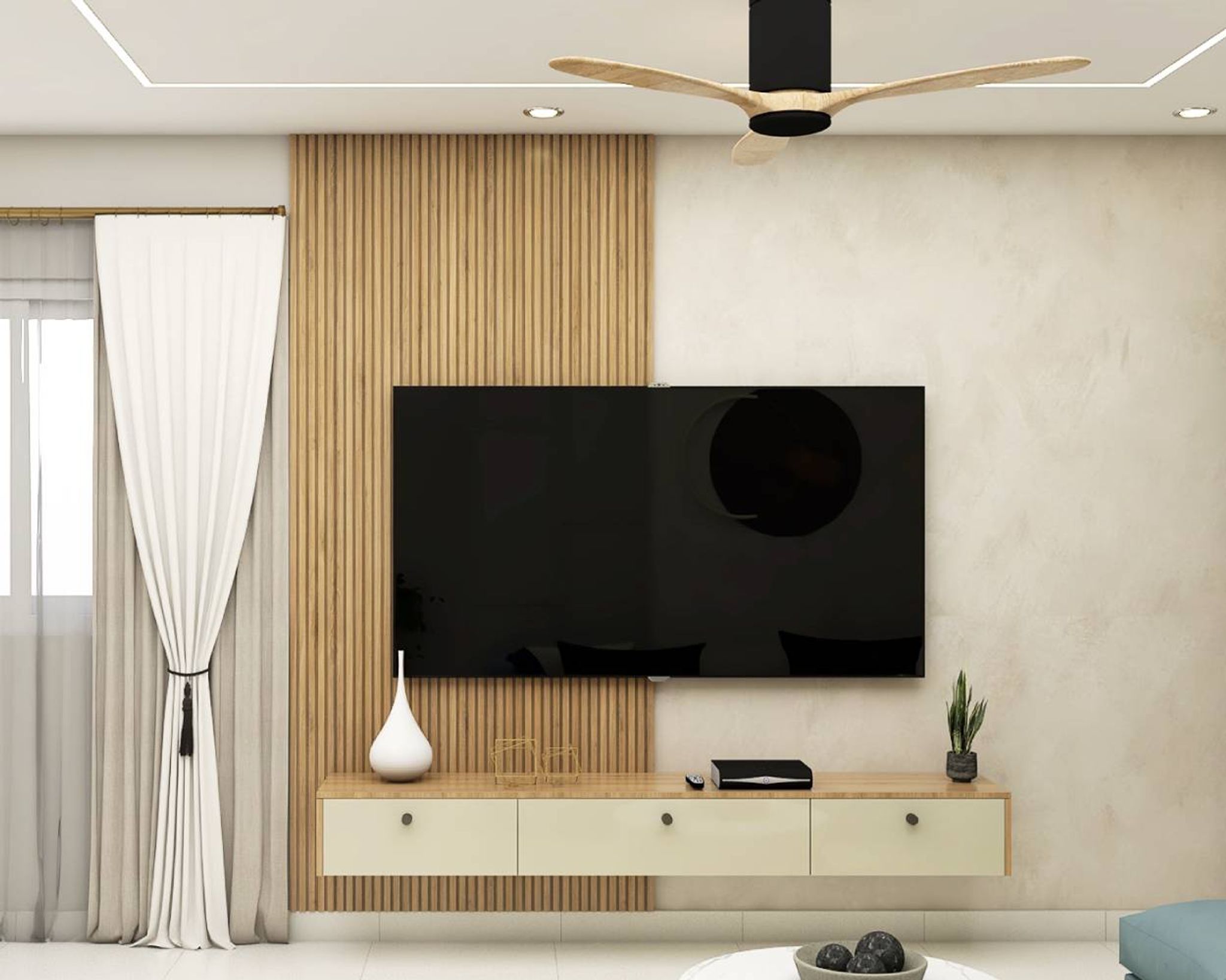 White and Walnut Contemporary TV Unit Design with Floating Cabinet and ...