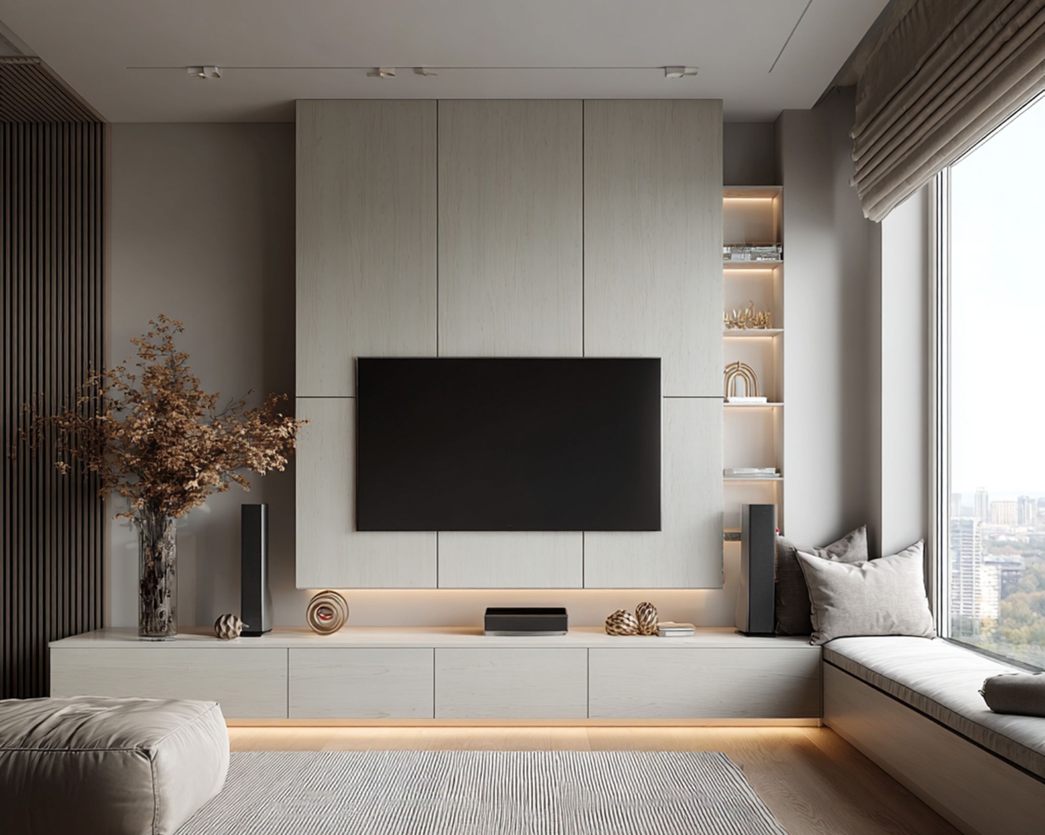 Contemporary Acacia TV Unit Design with Floating Console and Hidden ...