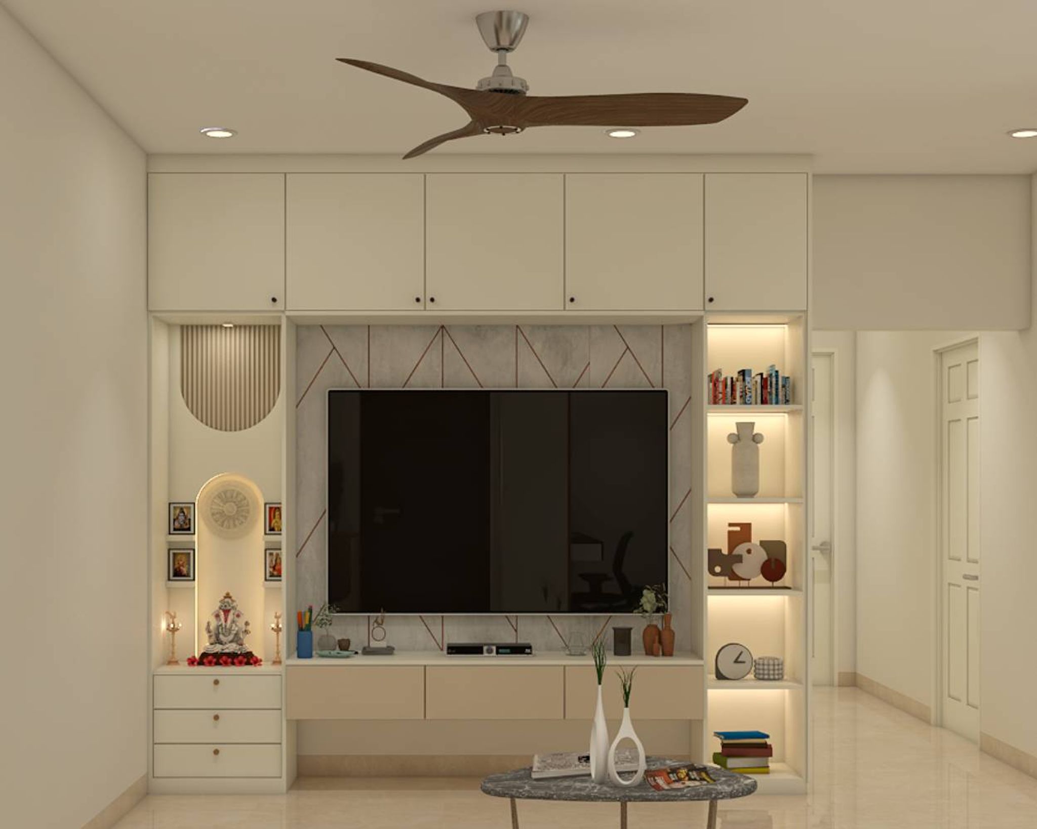Contemporary White and Beige TV Unit Design with Tall Storage and Loft ...