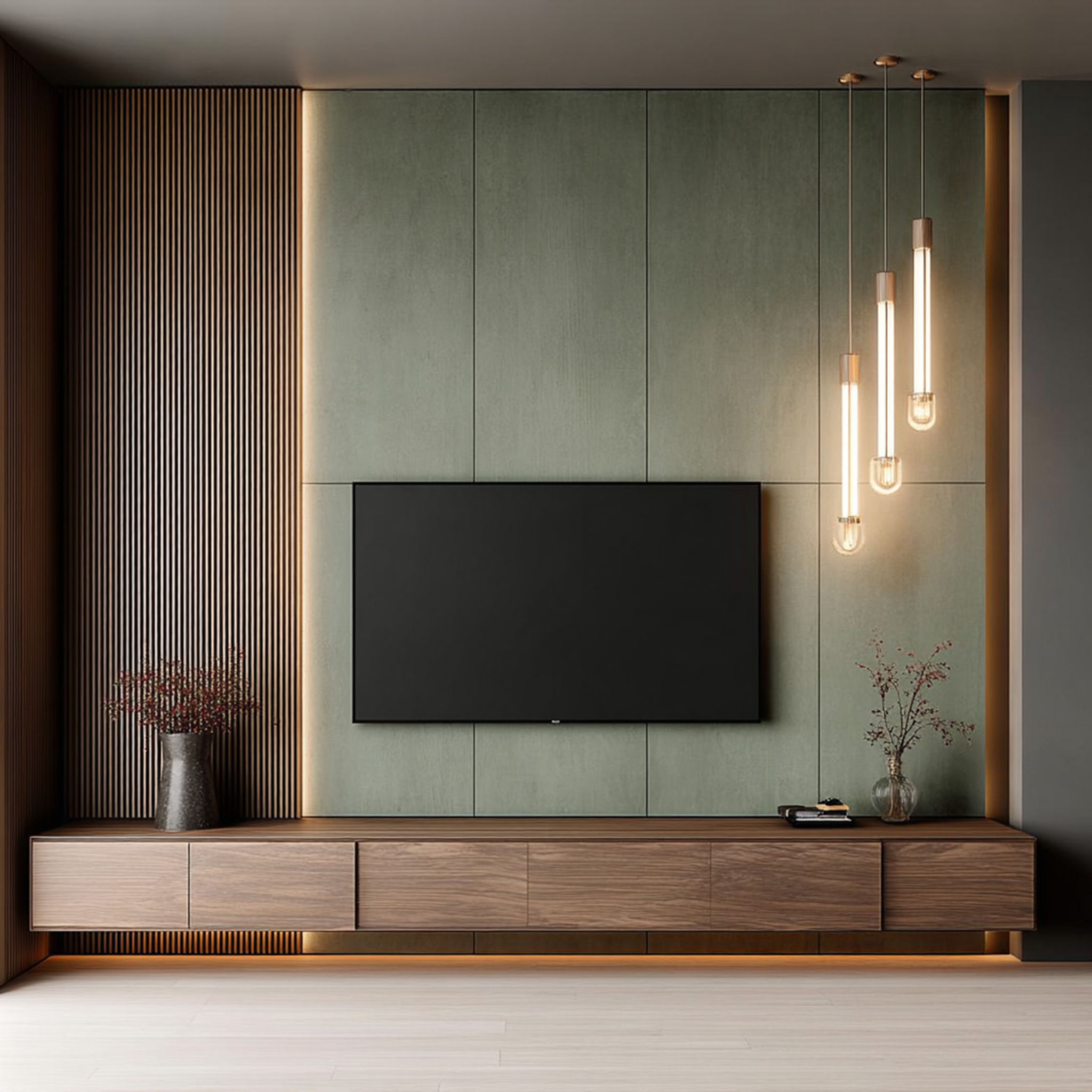 Contemporary Walnut TV Unit Design with Fluted Back Panel and LED ...