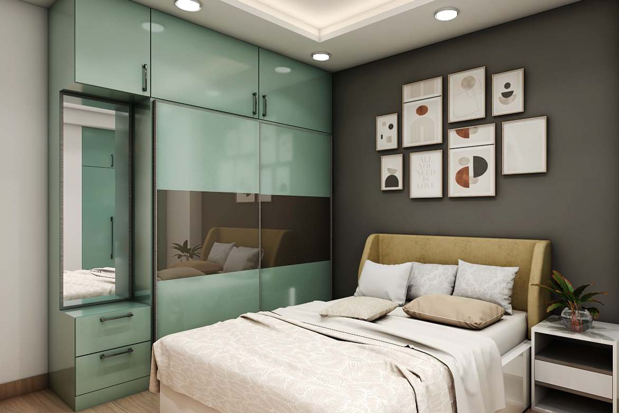 Spacious Modern Guest Bedroom Design With Grey Accent Wall | Livspace
