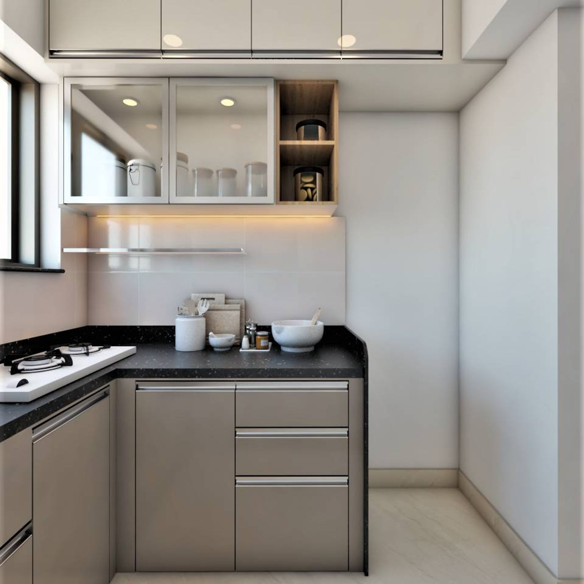 Compact Kitchen Design With Wooden Finish Cabinets | Livspace
