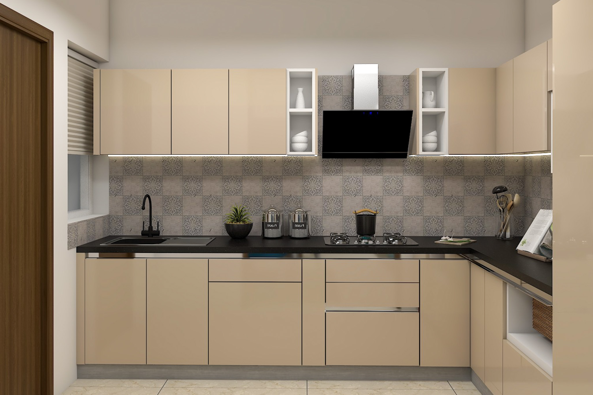 Spacious L-Shaped Kitchen Design With Black Counter Top | Livspace