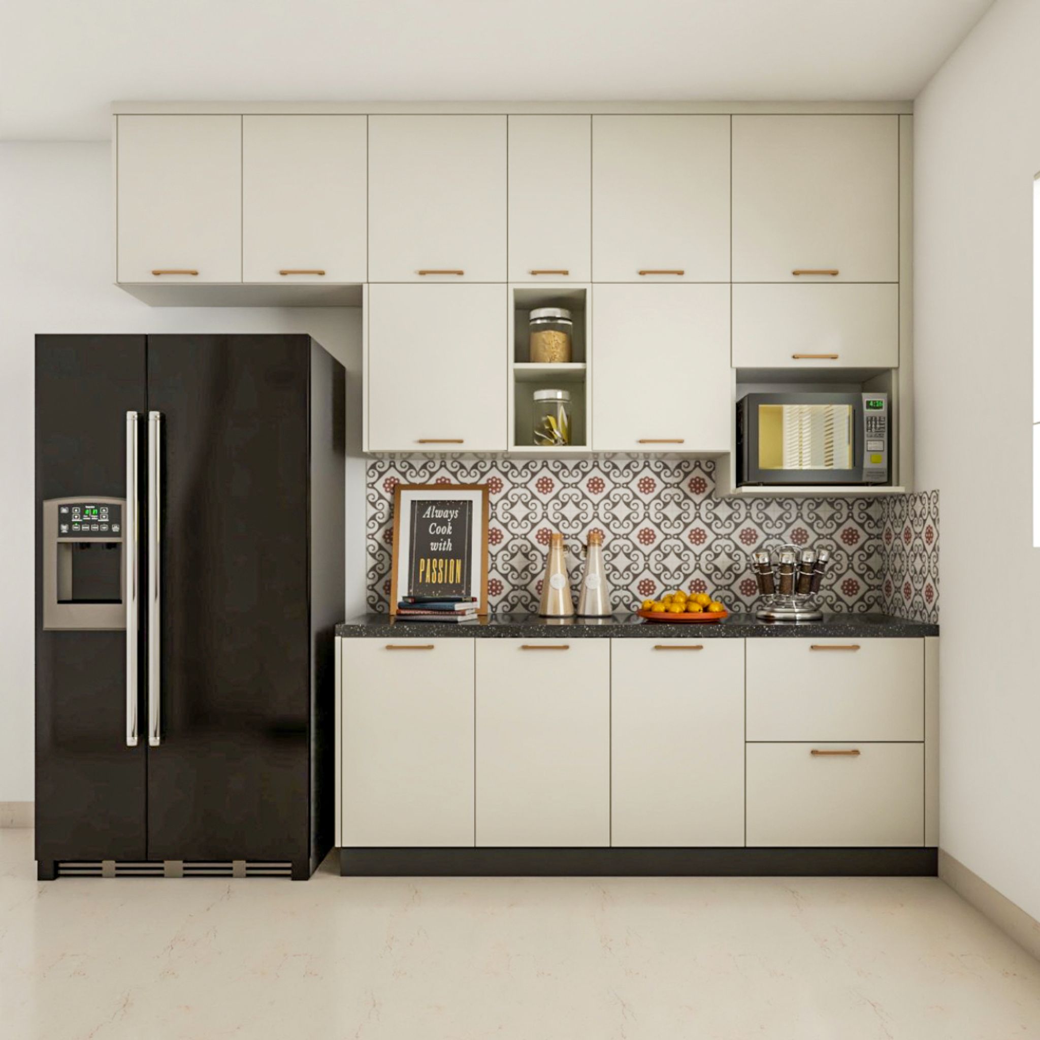 Modern White Kitchen Design With Black Countertop | Livspace