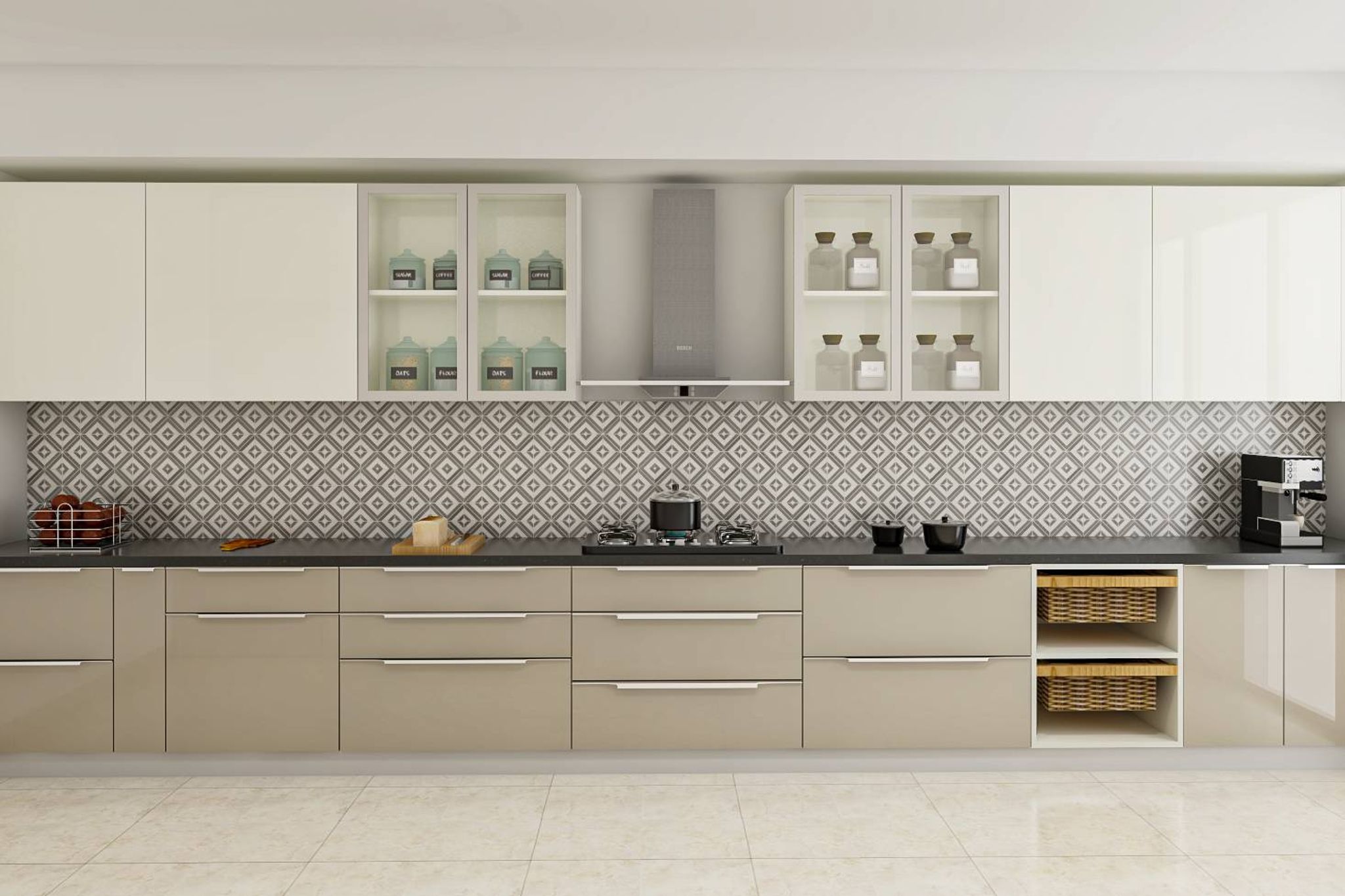 Two Side Kitchen Design Spacious Parallel Kitchen Design With Creamy White And Beige Cabinets ...