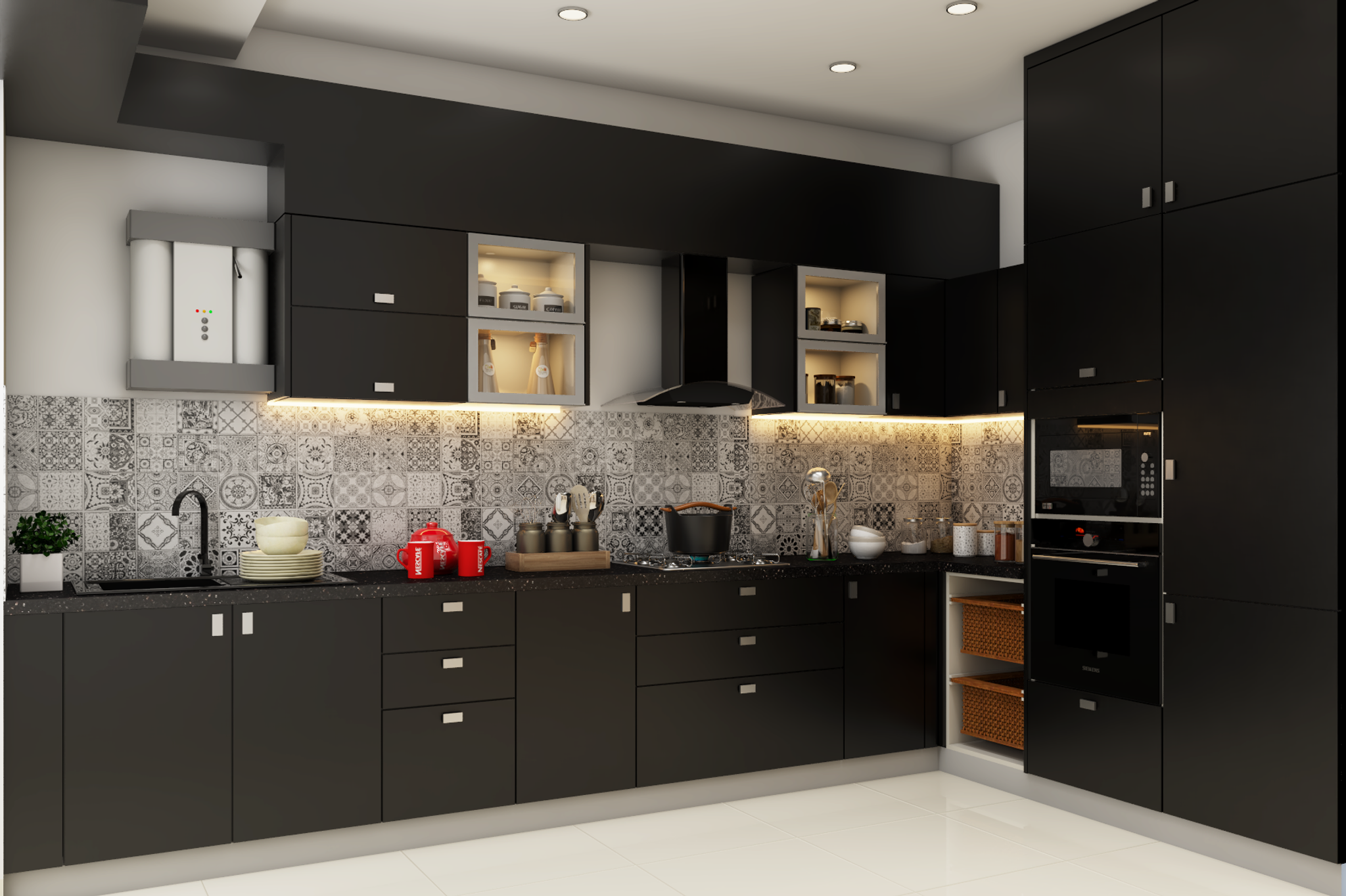 Spacious Black and White Contemporary Kitchen Design | Livspace