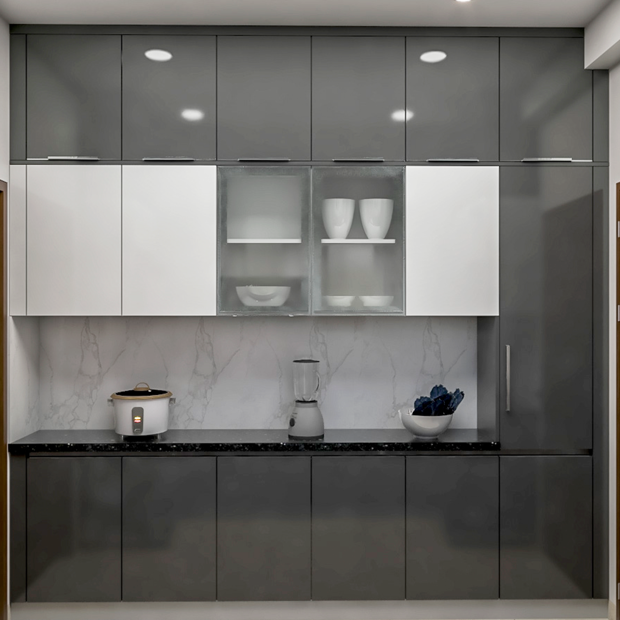 Spacious Kitchen Design With White And Grey Upper Cabinets| Livspace