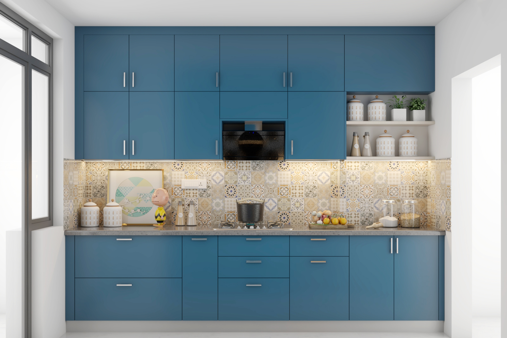 Modern Blue Themed Kitchen With Spacious Layout | Livspace
