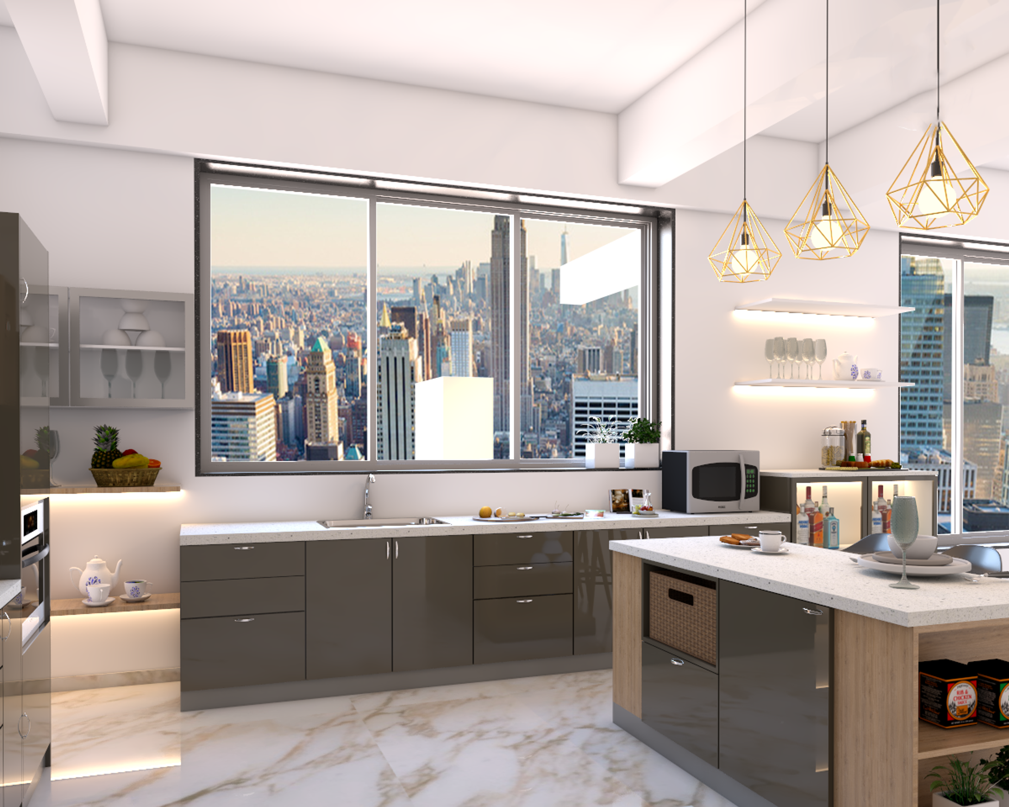Spacious Modular Kitchen Design With Island Table | Livspace