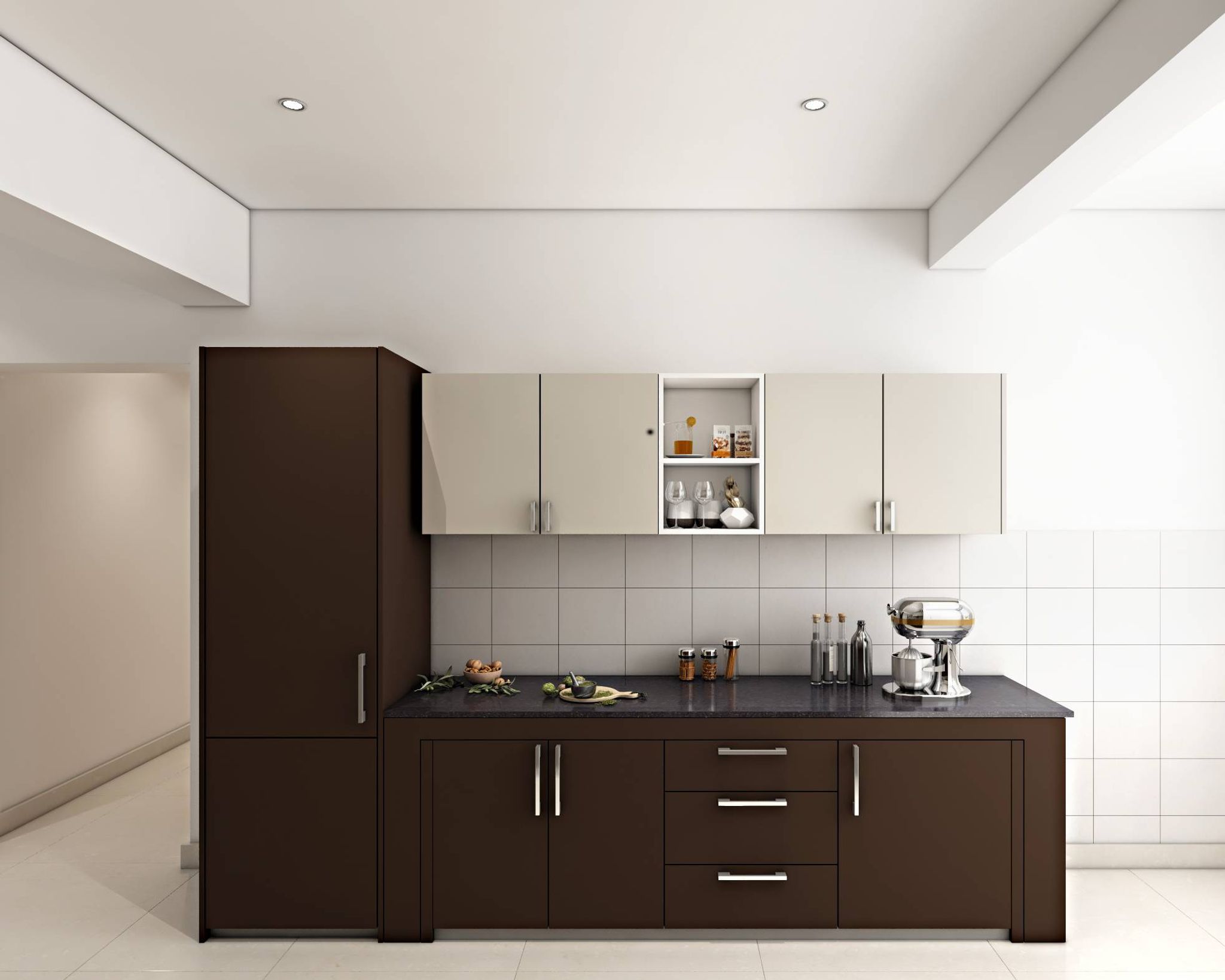 Compact Kitchen Design With White Dado Tiles | Livspace