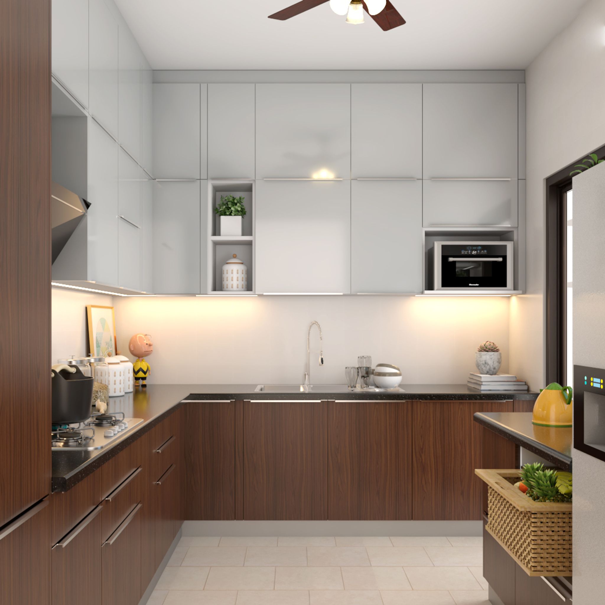 Compact Modular Kitchen Design In Grey And Wood | Livspace