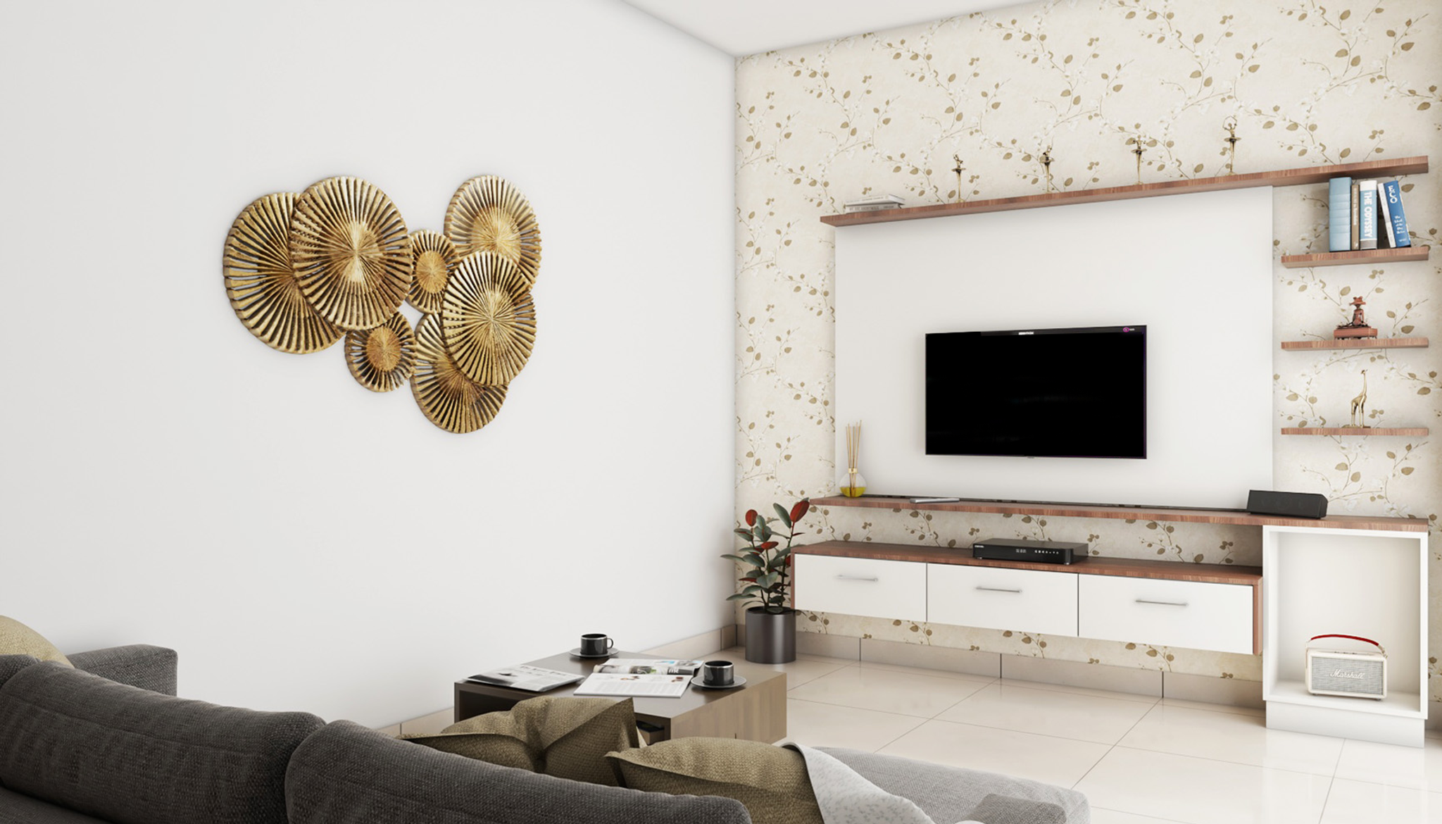 Spacious Living Room Design With White Patterned Accent Wall | Livspace