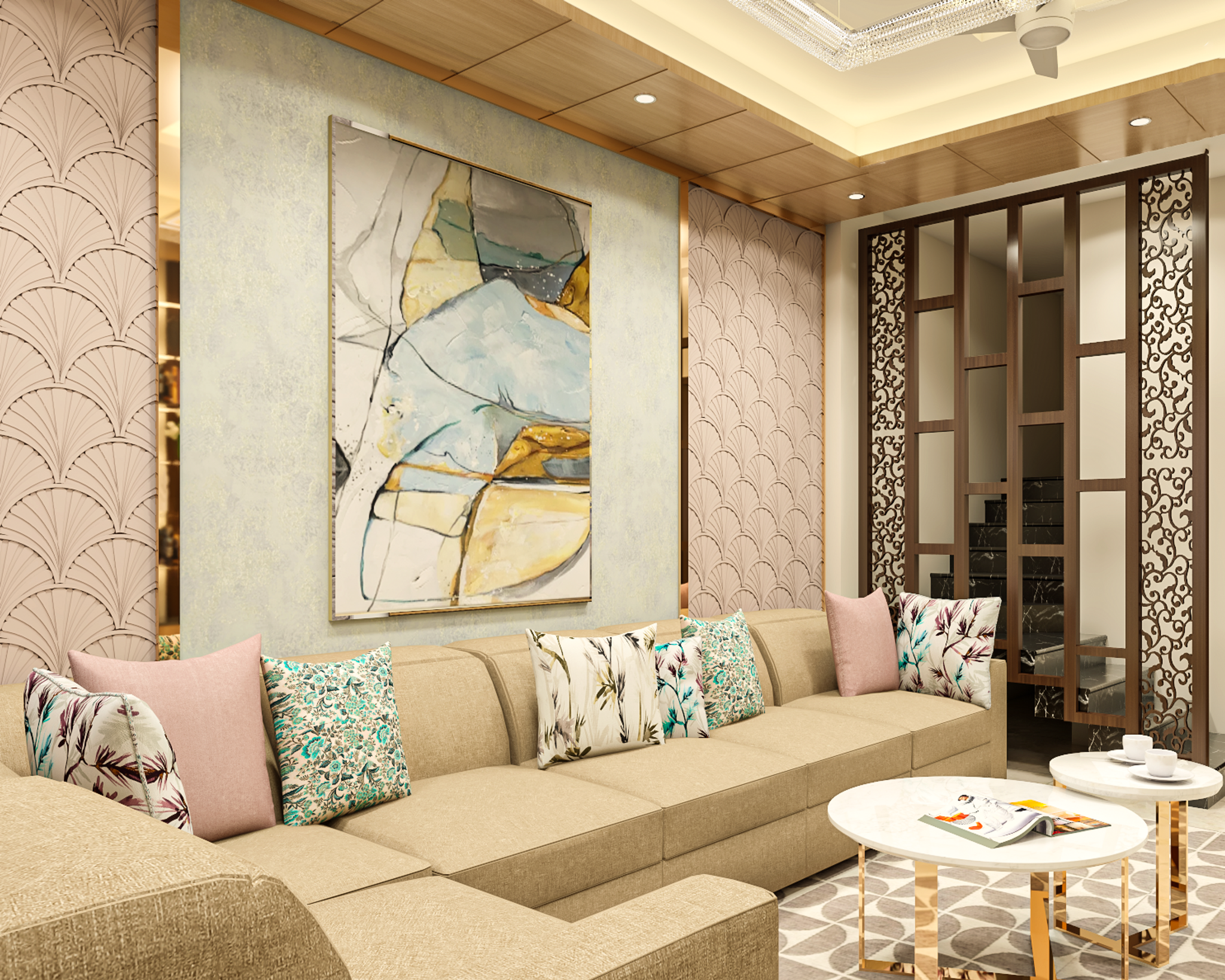 Spacious Living Room Design With Golden Panels | Livspace
