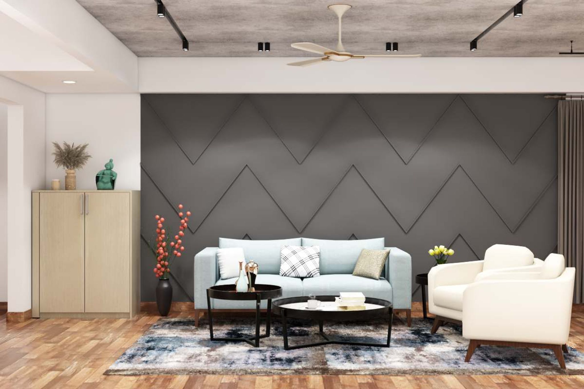 Spacious Modern Living Room Design with Light Blue Sofa | Livspace