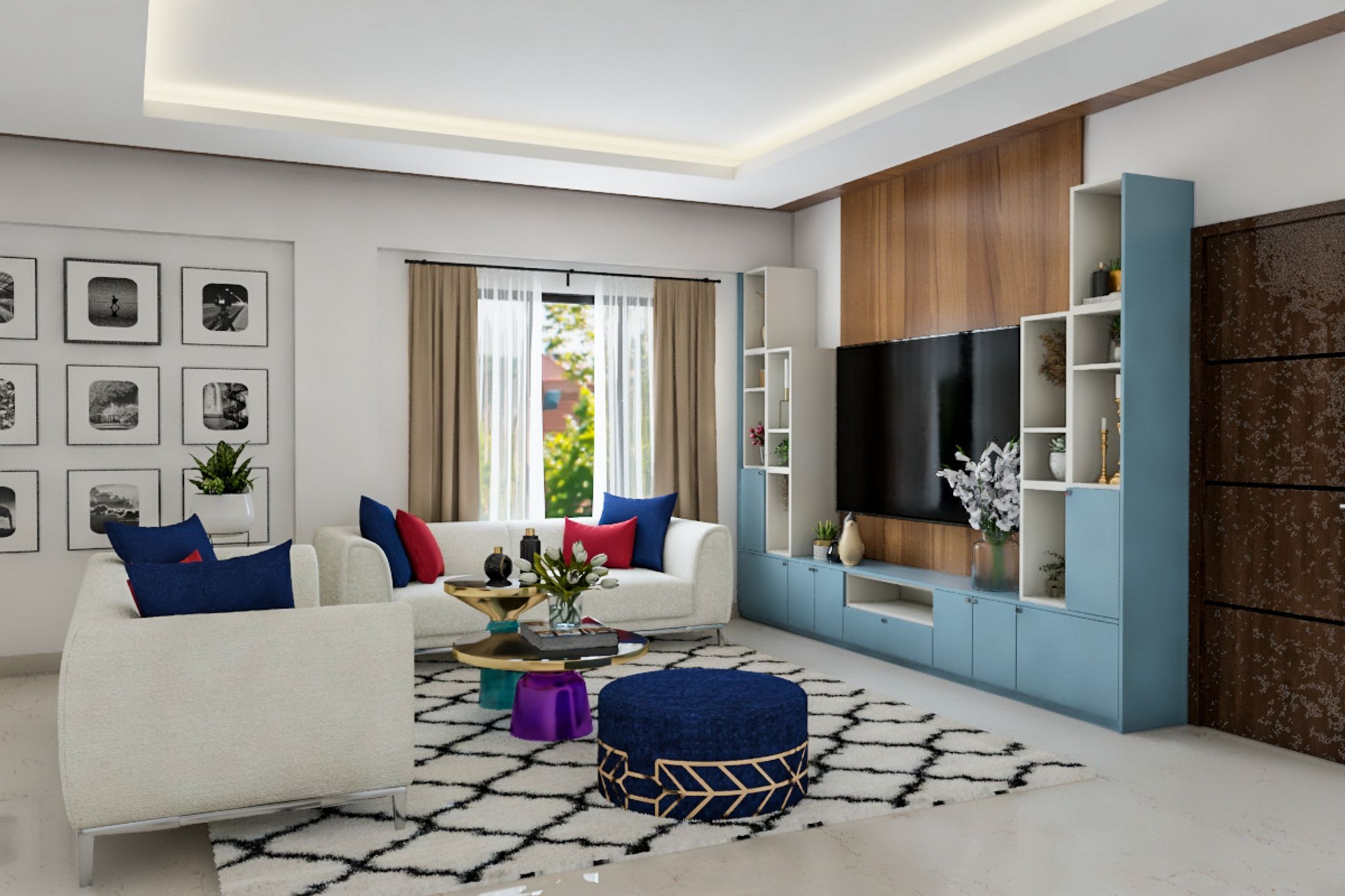 Spacious Living Room With White And Black Tones | Livspace