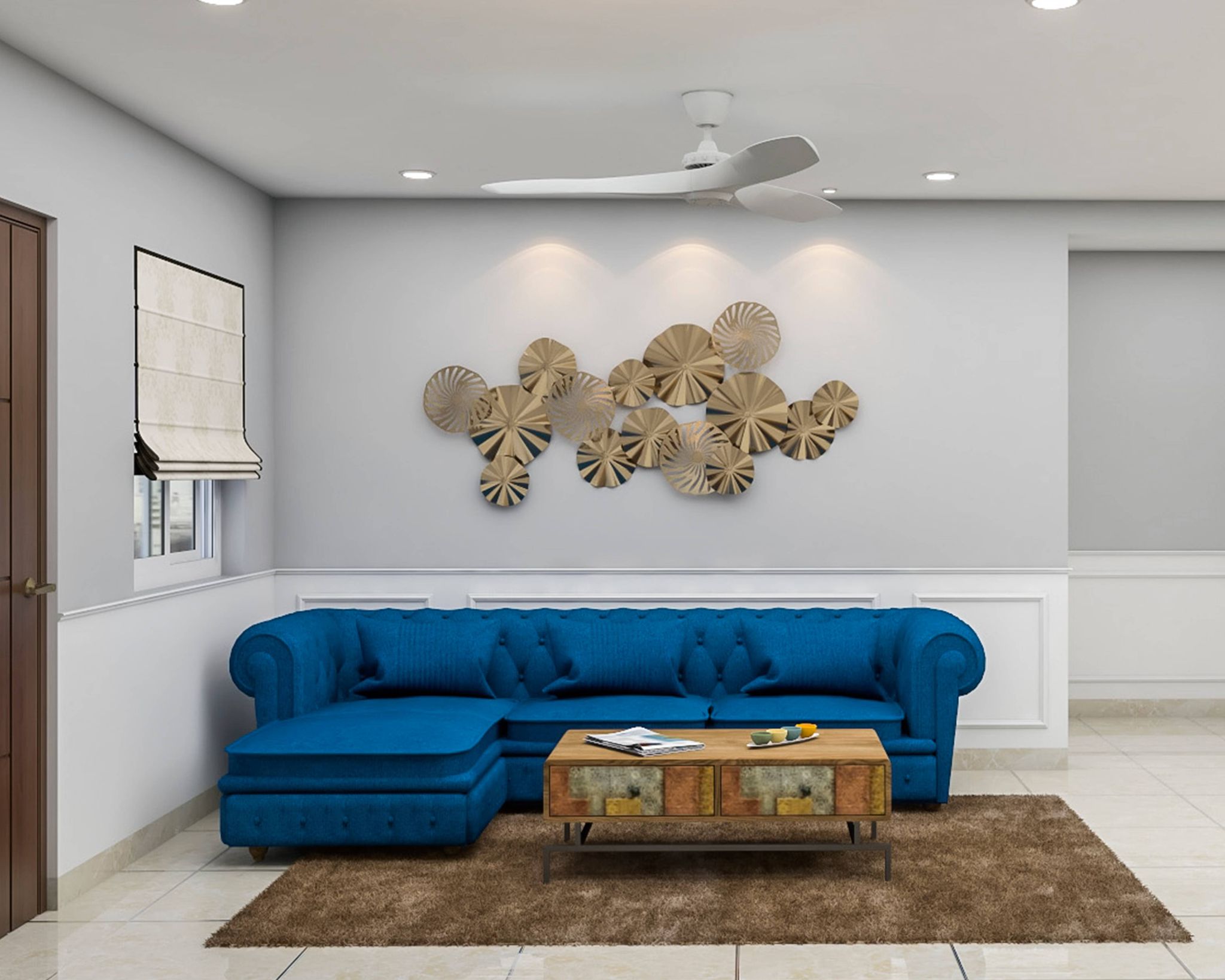 Compact Living Room Design With Blue Sofa | Livspace