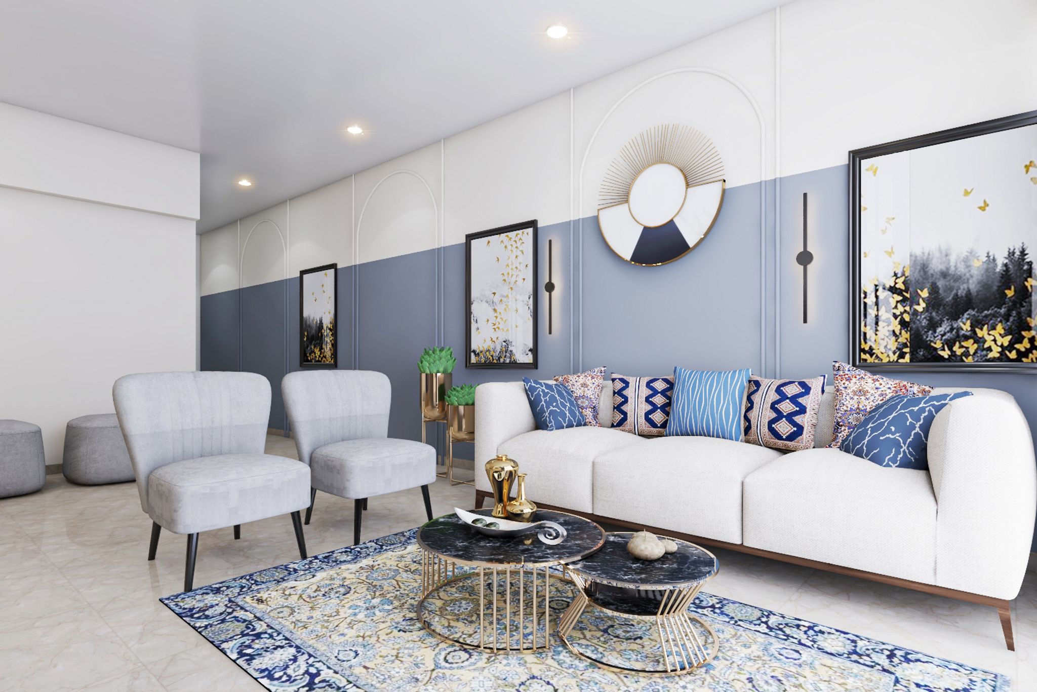 Modern Living Room With White And Blue Themed Interiors | Livspace