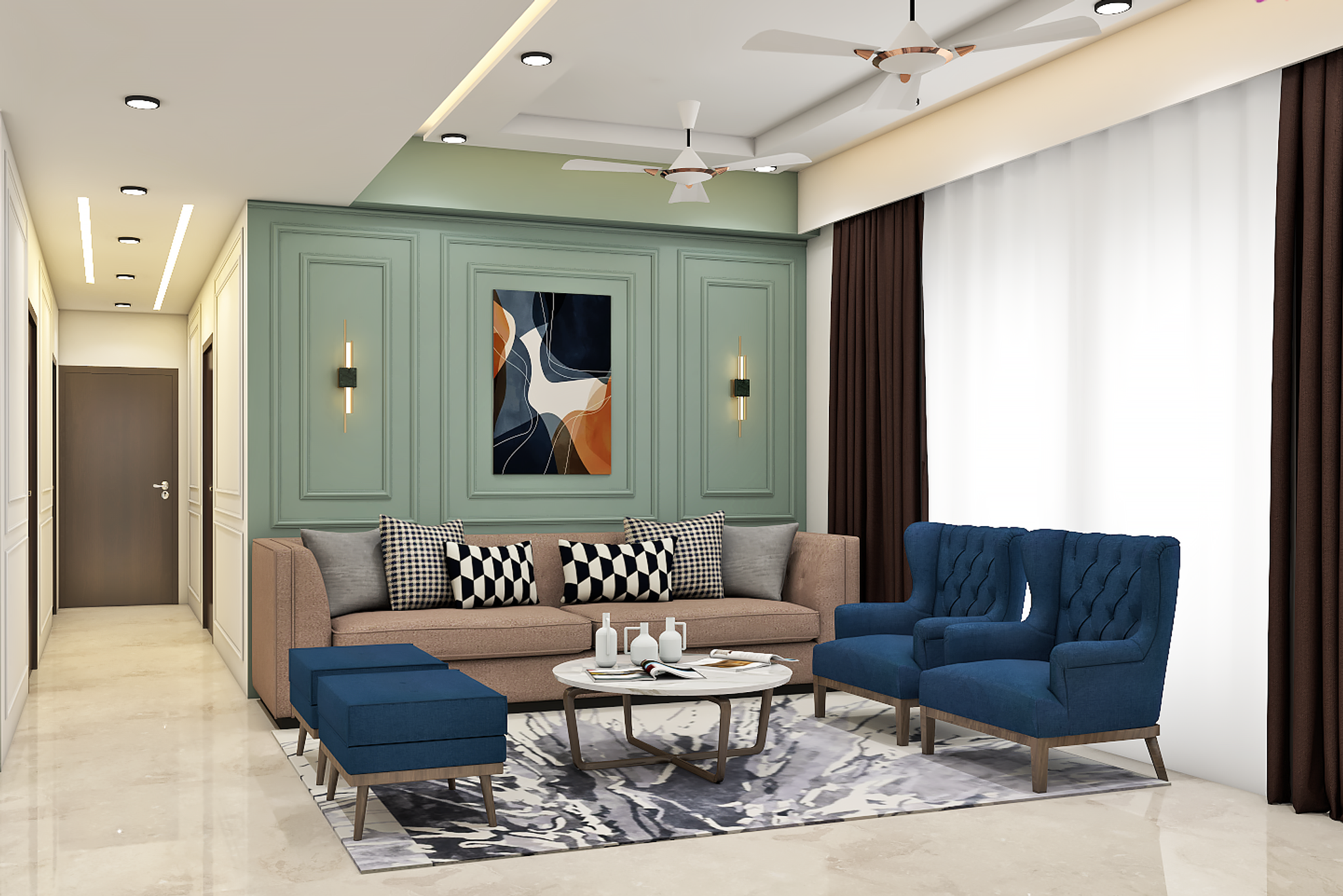 Spacious Living Room Design With Blue Accent Chairs | Livspace