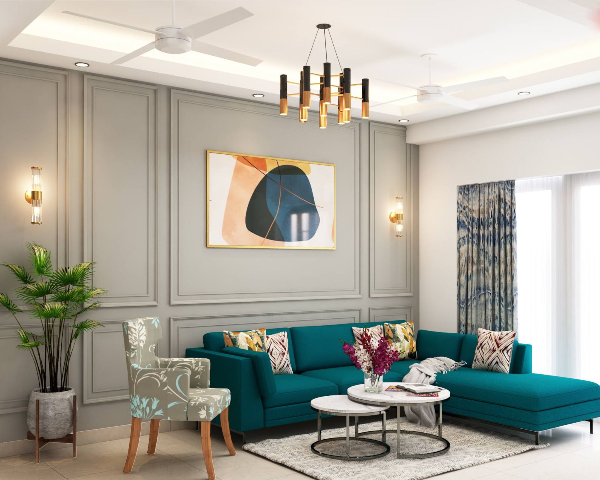 Spacious Living Room Design With Grey Wall Trims | Livspace