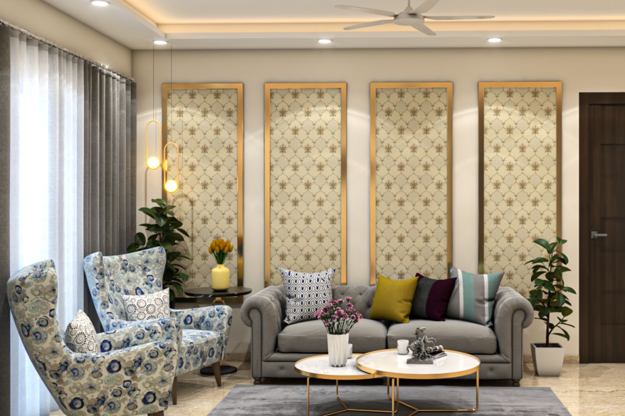 Spacious Living Room Design with White Trims And Floral Accent Chairs ...