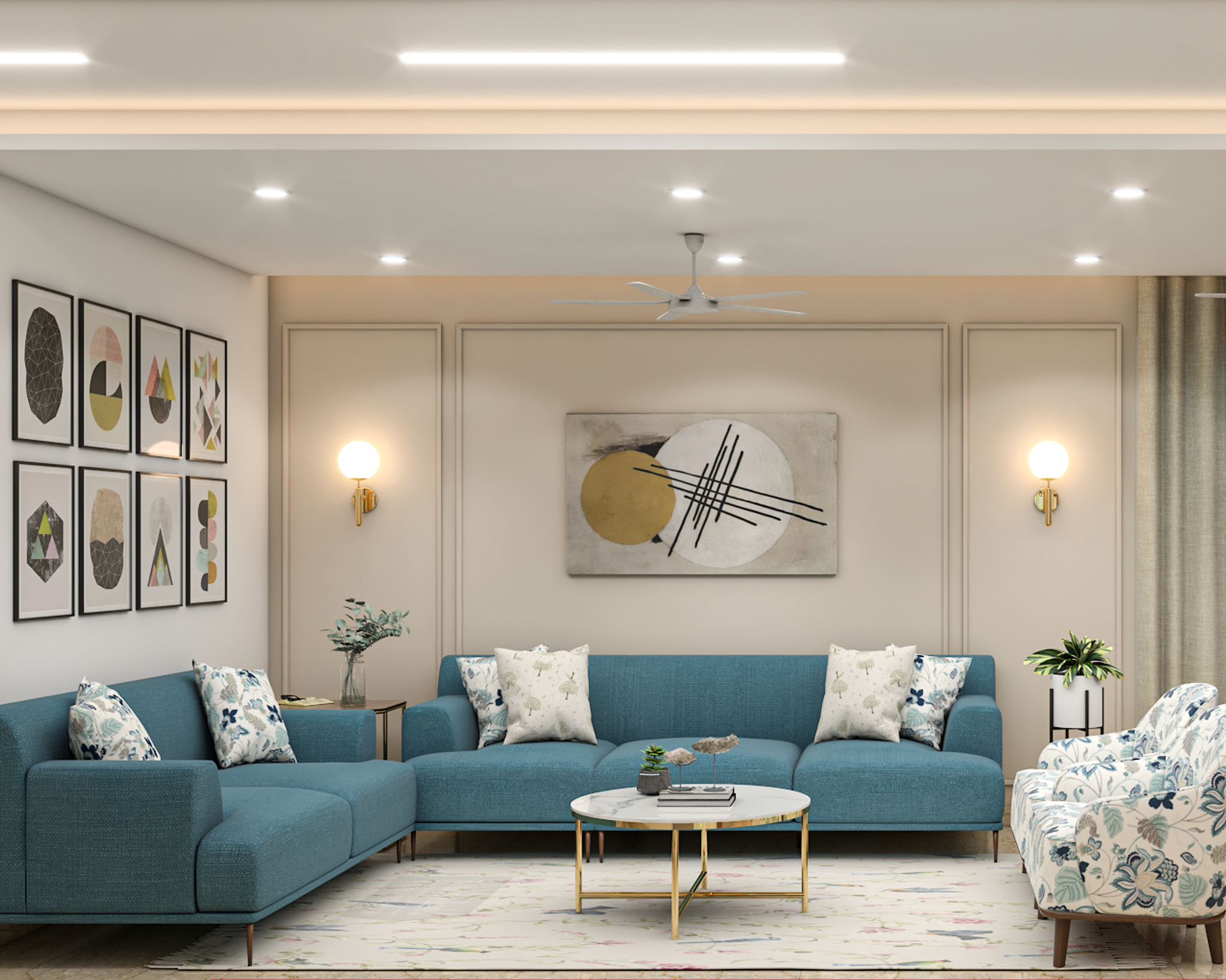 Spacious Living Room Design With Blue Furniture Set | Livspace
