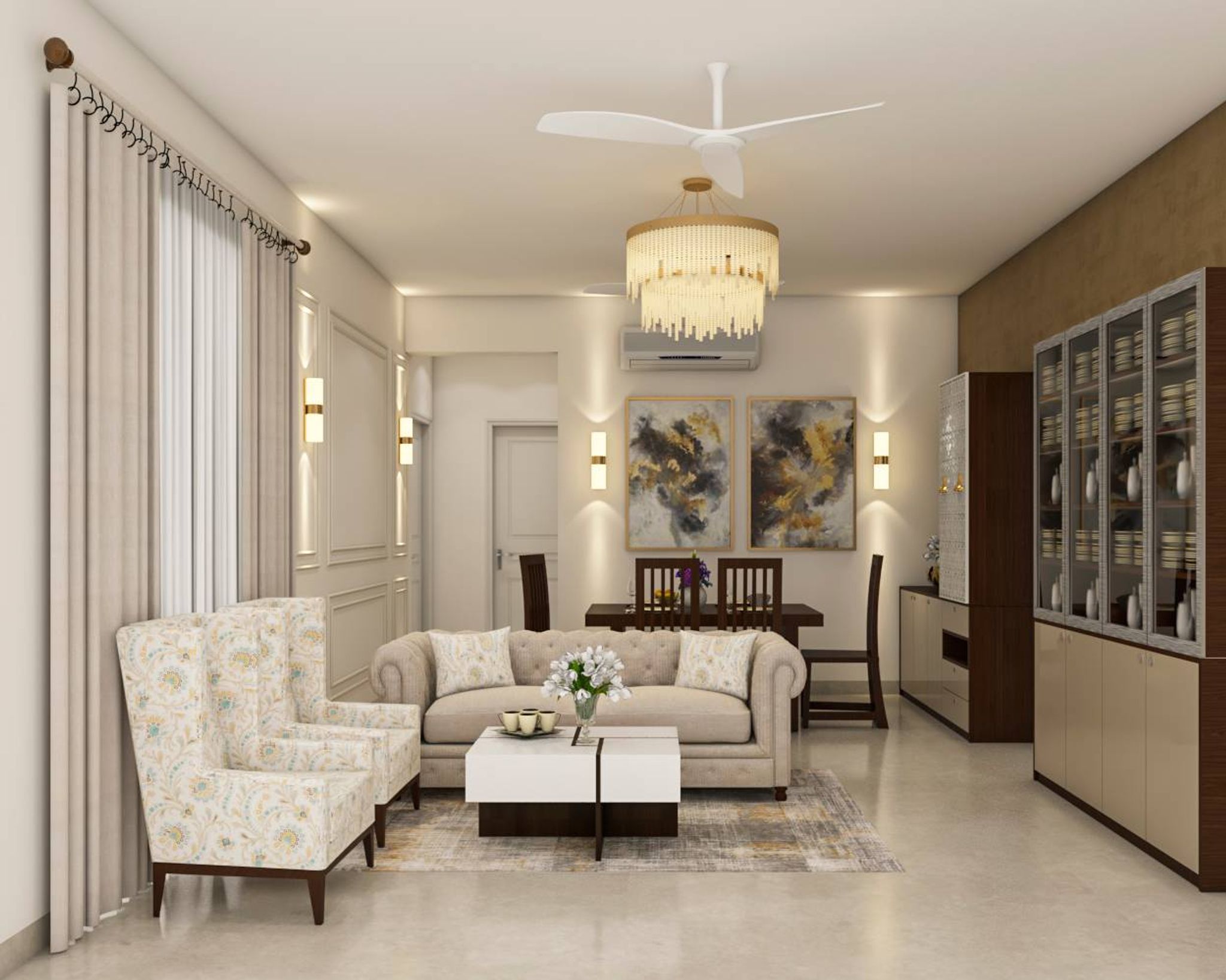 Spacious Living Room Design With Curved Tufted Sofa And Floral Chairs ...
