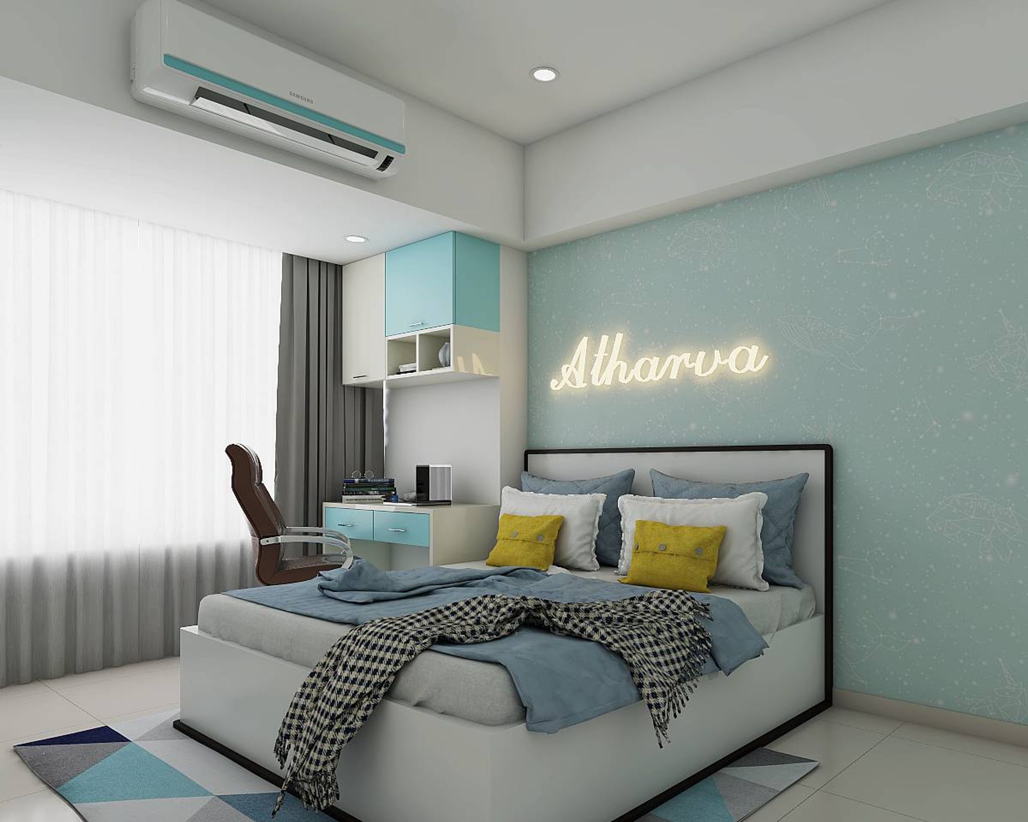 Modern Blue And White Themed Spacious Master Bedroom Design | Livspace