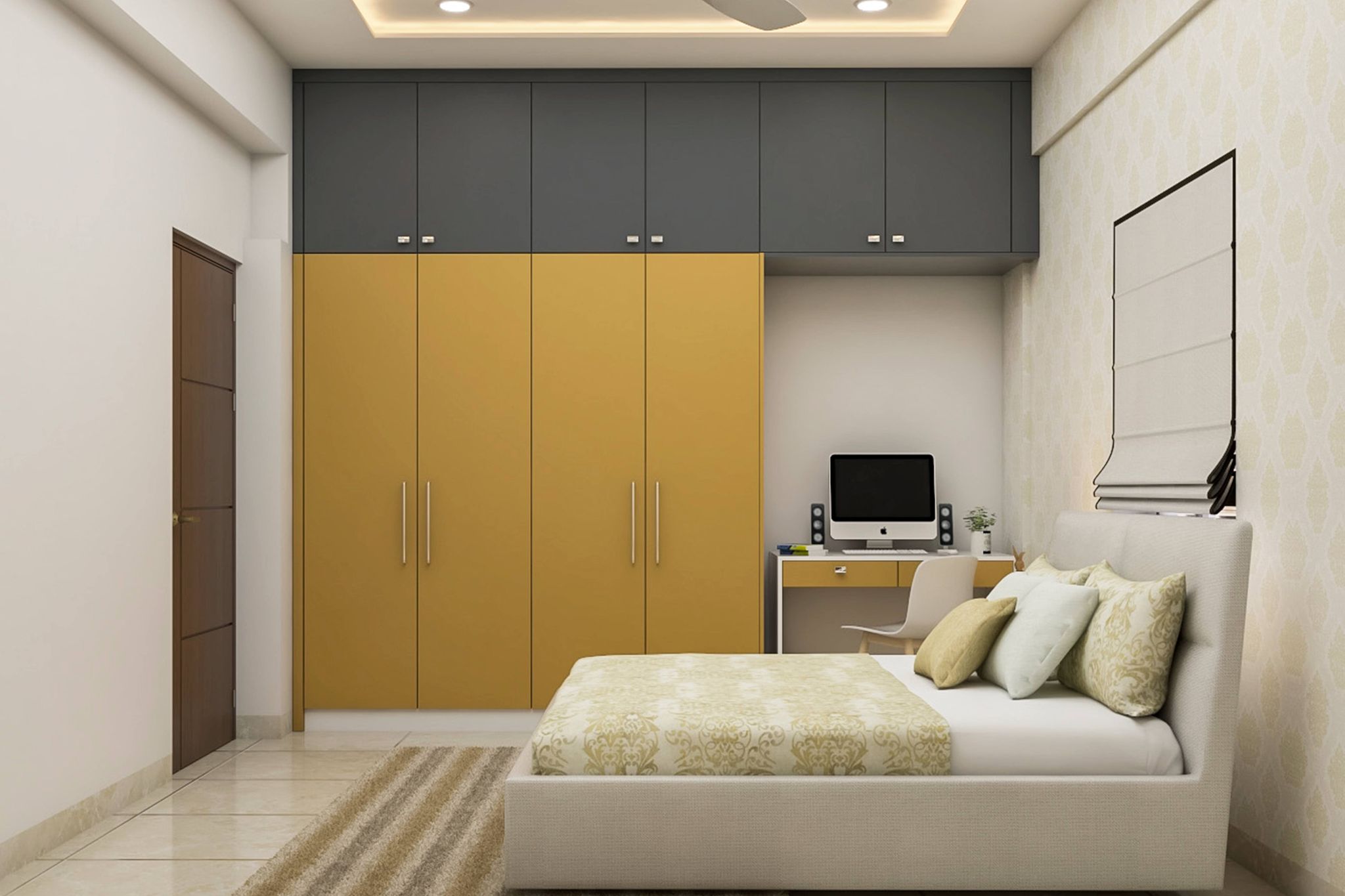 Master Bedroom Design With Beige Wallpaper | Livspace