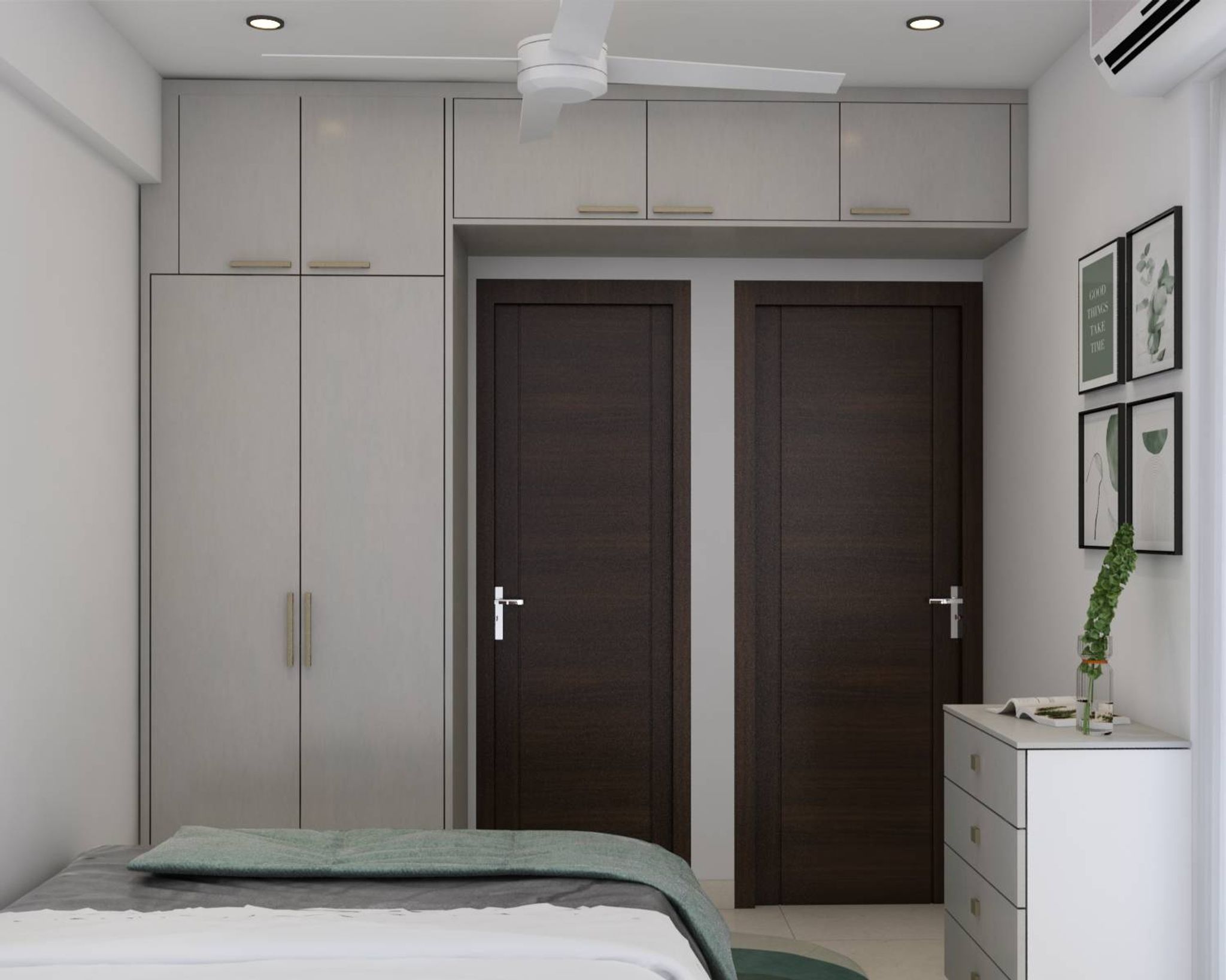 Compact Master Bedroom Design With Pale Grey Wardrobe | Livspace