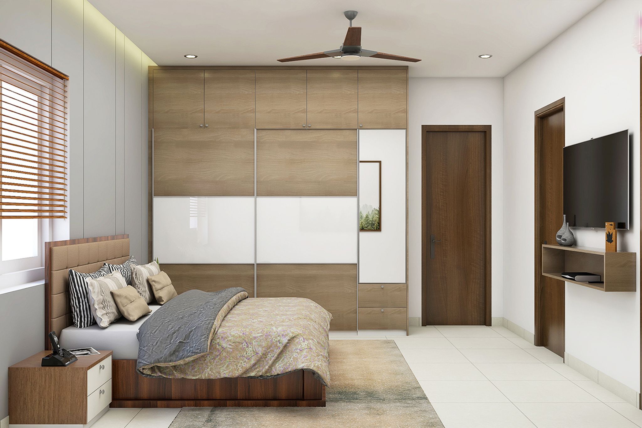 Compact Master Bedroom Design With Storage Bed And Wardrobe | Livspace