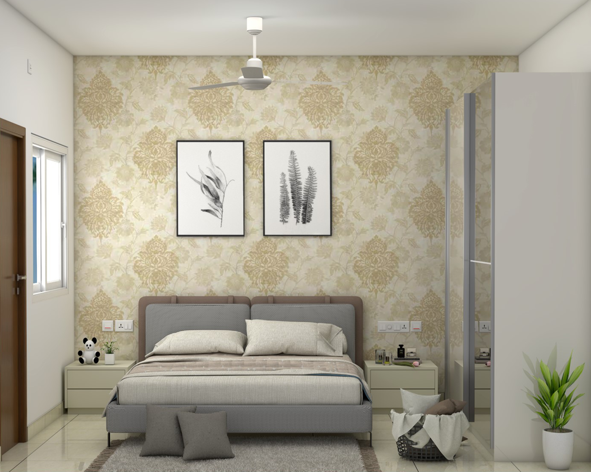 Spacious Master Bedroom Design Idea With Patterned Wallpaper | Livspace