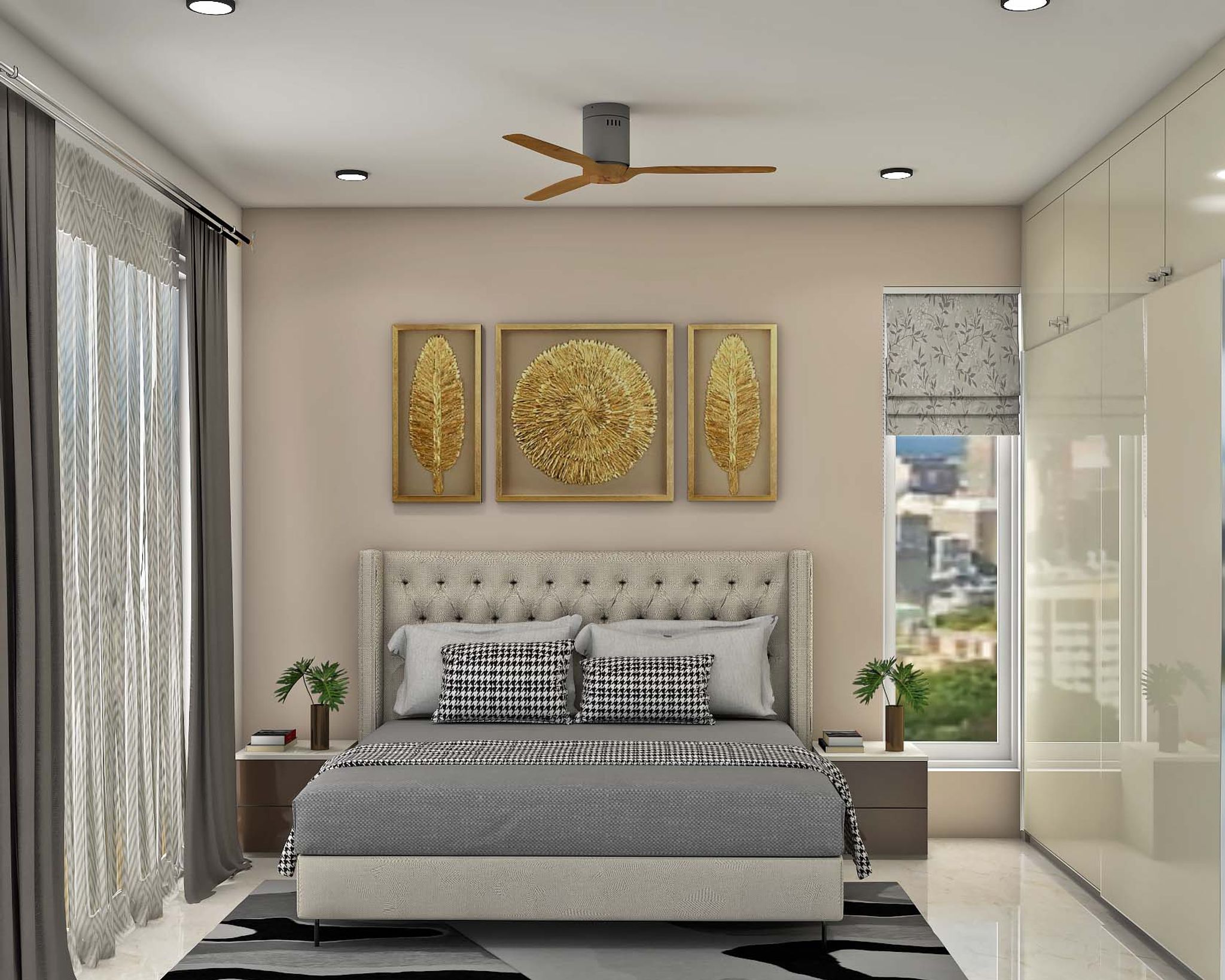Beige Themed Compact Contemporary Master Bedroom Design | Livspace
