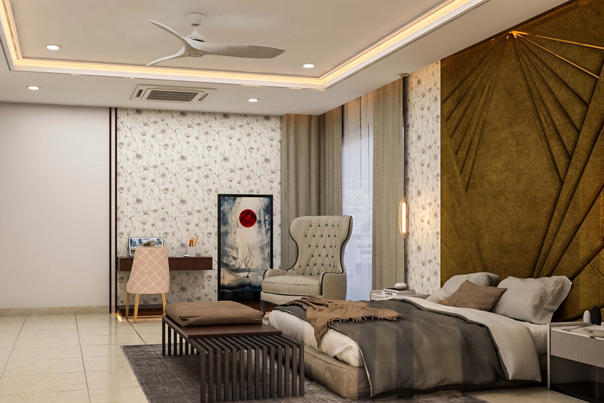 Multifunctional Spacious Master Bedroom Design With Desk | Livspace