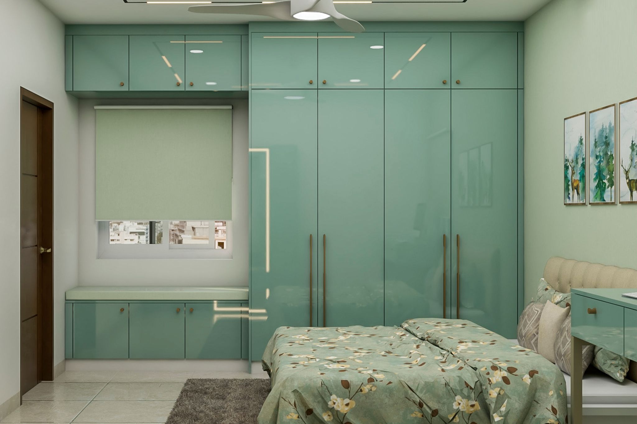 Monochrome Green Spacious Master Bedroom Design | Livspace