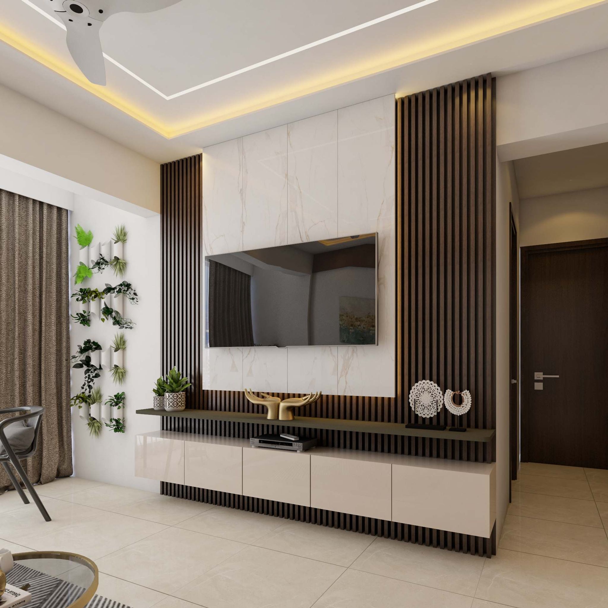 Modern TV Unit Design with White Marble Panel and Slim Floating Ledge ...