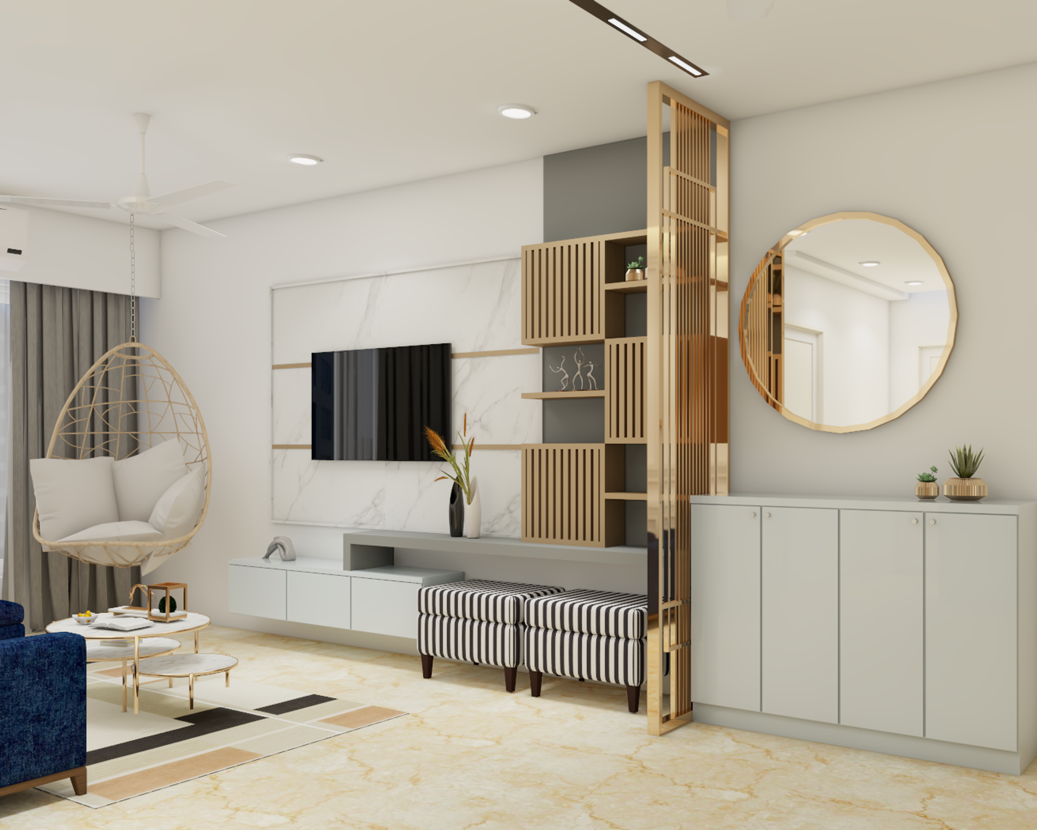 Modern TV Unit Design with Marble Wall Panel and Wooden Shelves | Livspace