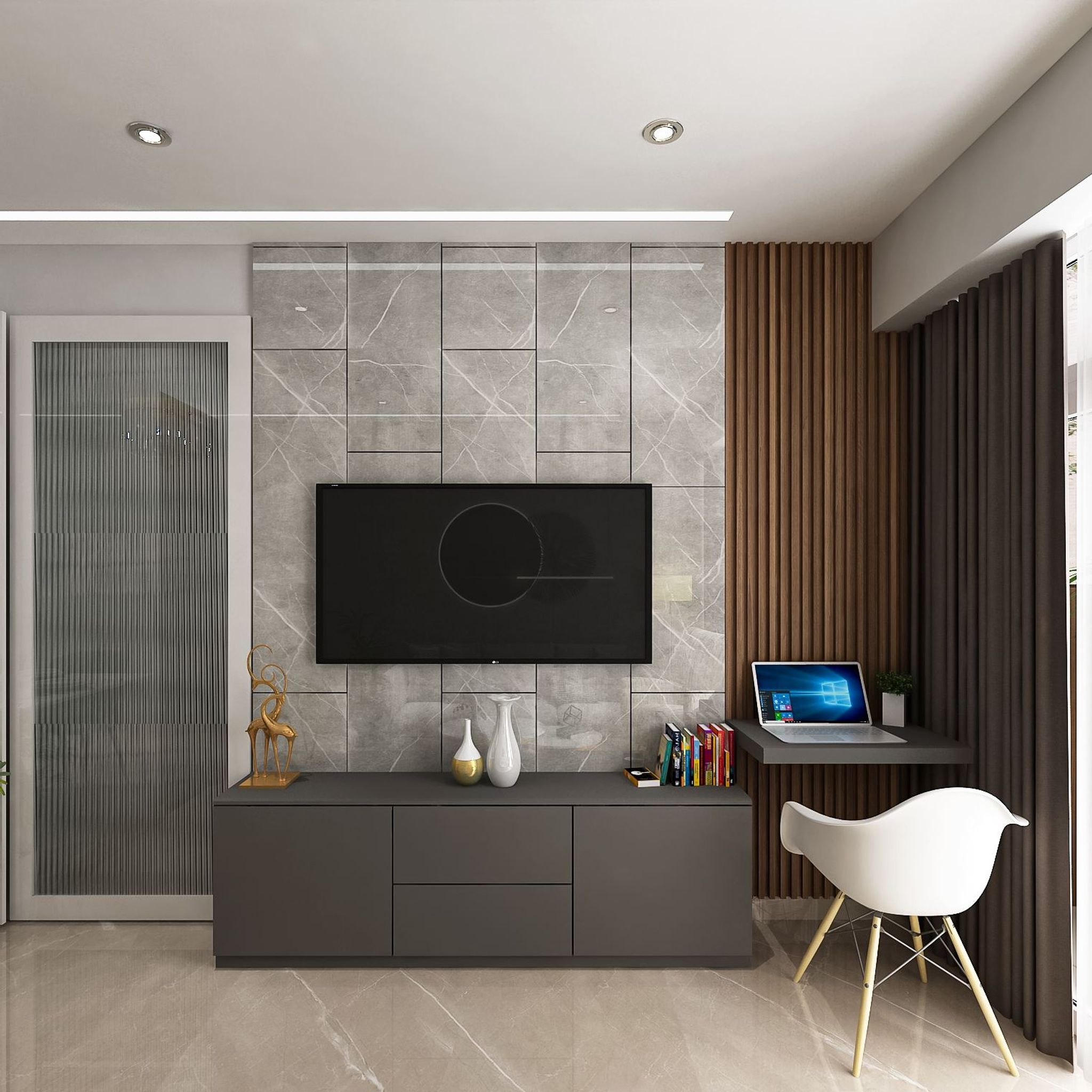 Convenient Contemporary Style Compact Sized TV Unit Design| Livspace