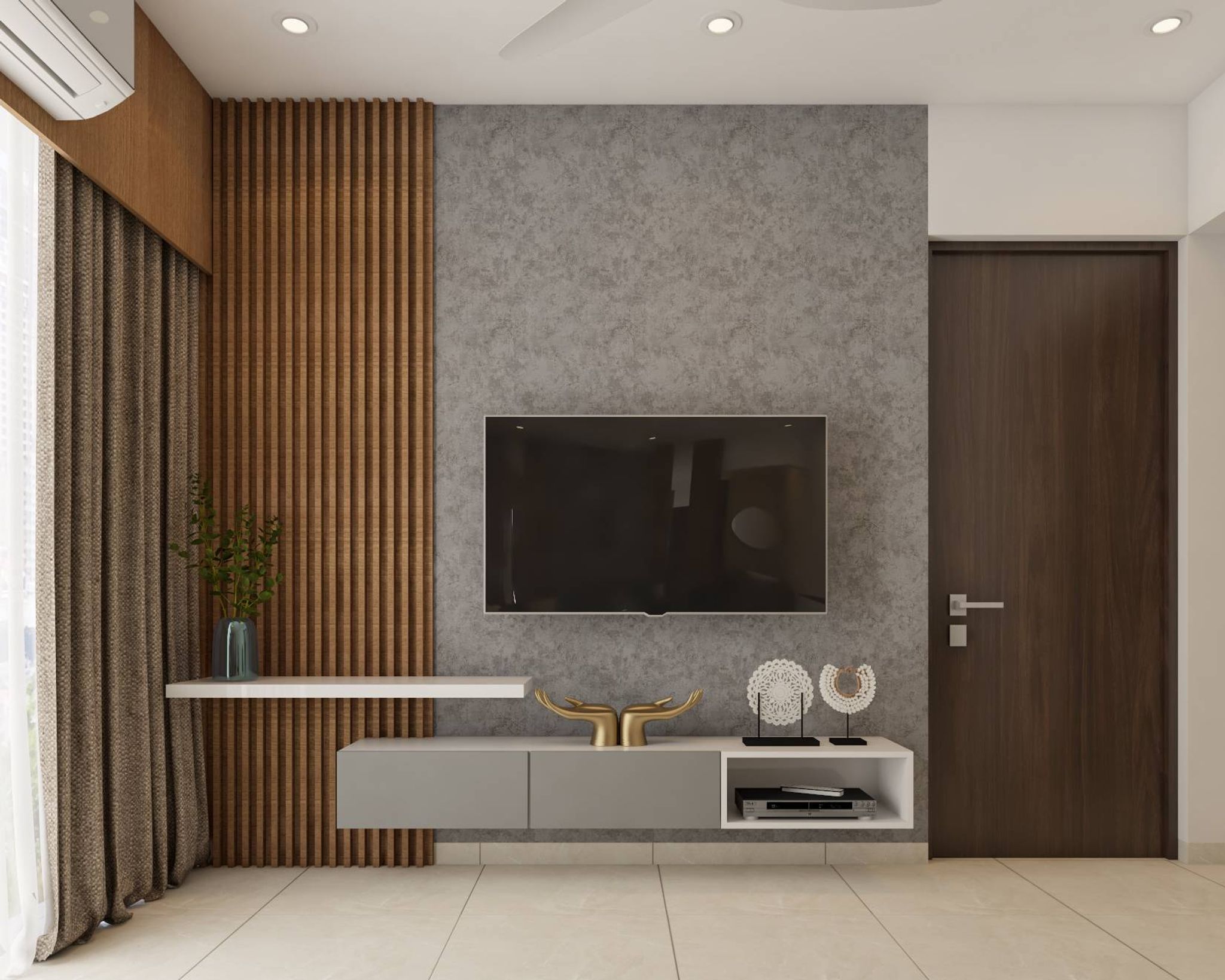 Spacious TV Unit Design With Grey Backdrop And Floating Ledge | Livspace