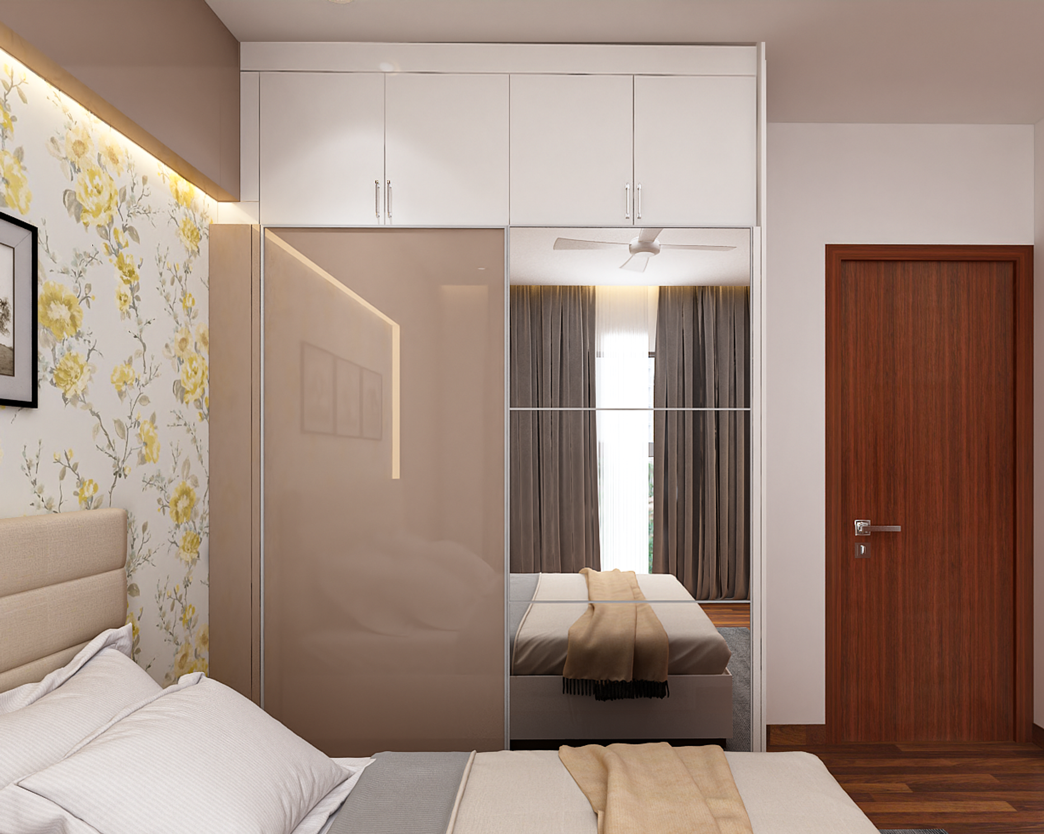 Compact Wardrobe Design Idea With Lofts And Mirror | Livspace