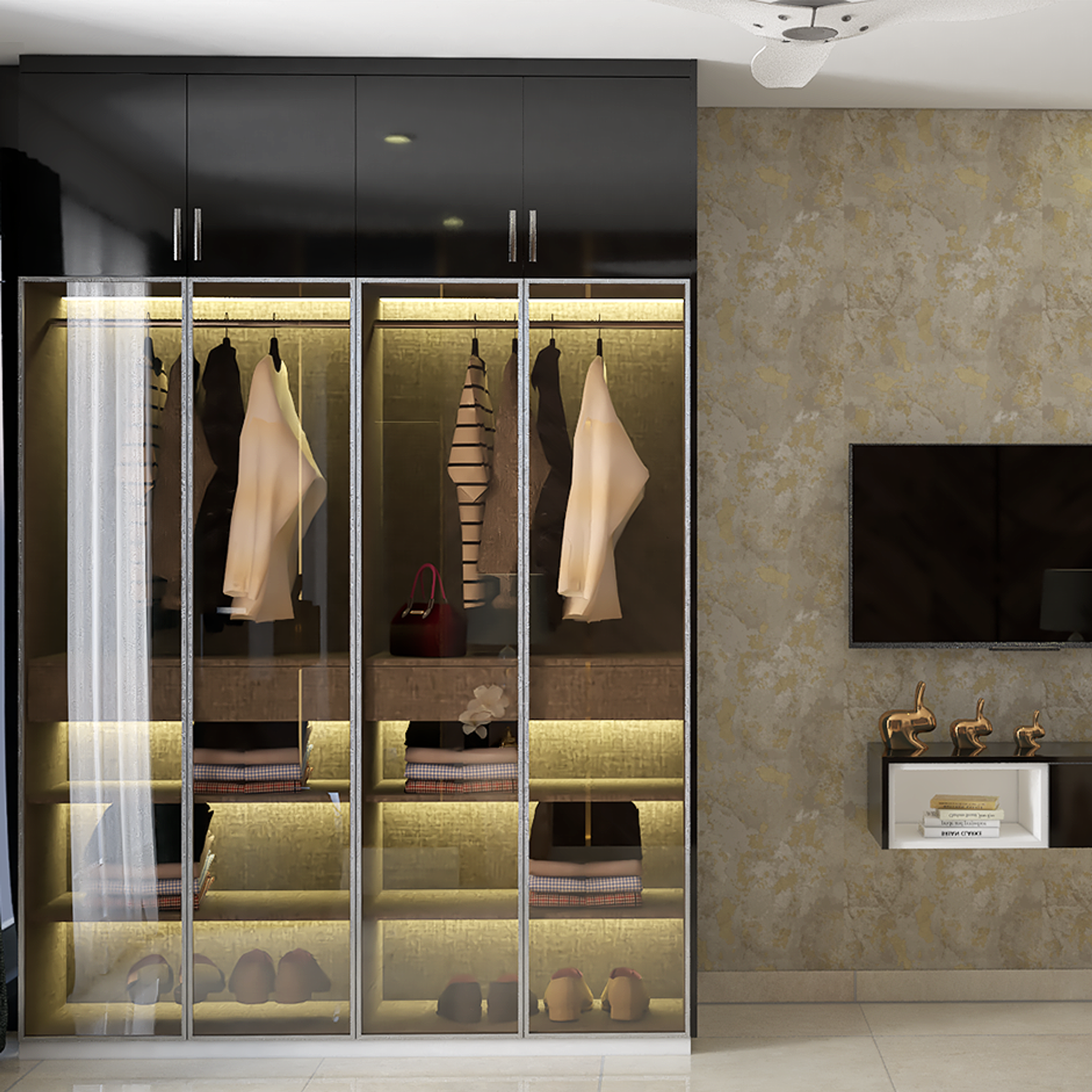 Spacious Wardrobe Design With Strip Lighting | Livspace
