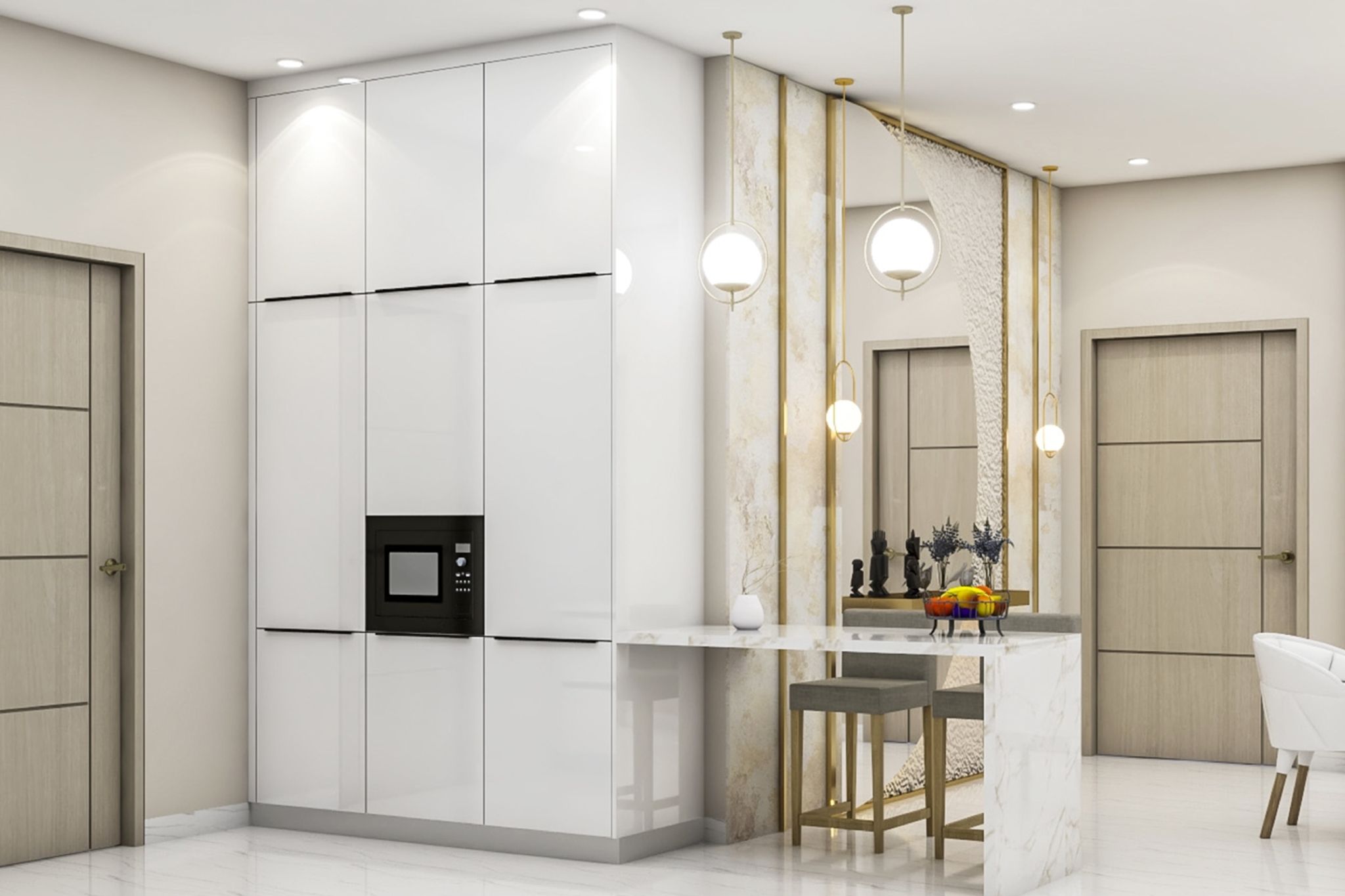 Modular Open Kitchen Design In Frosty White With Frosted Shutters ...