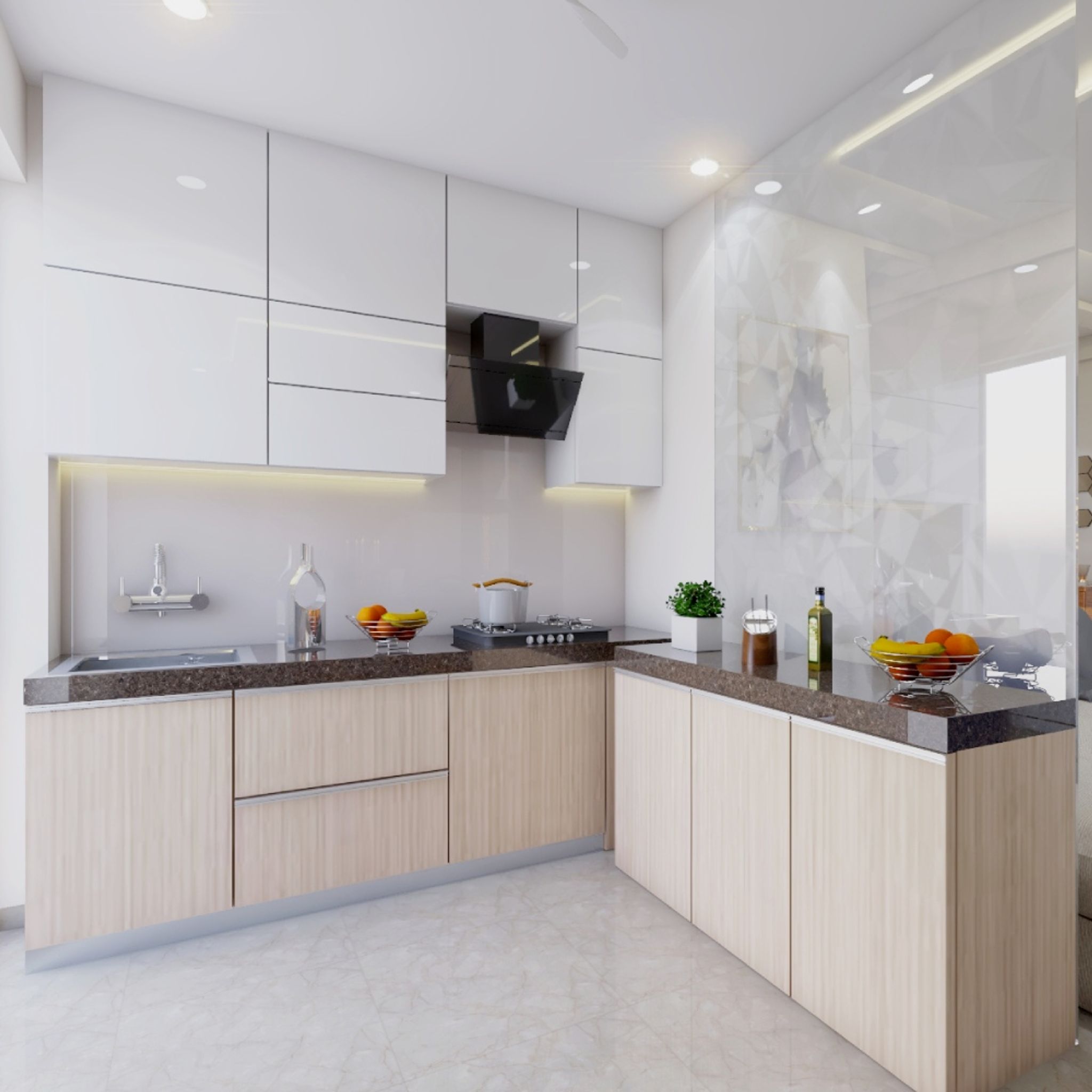 Contemporary Modular LShaped Kitchen Design With Teak And Frosty White
