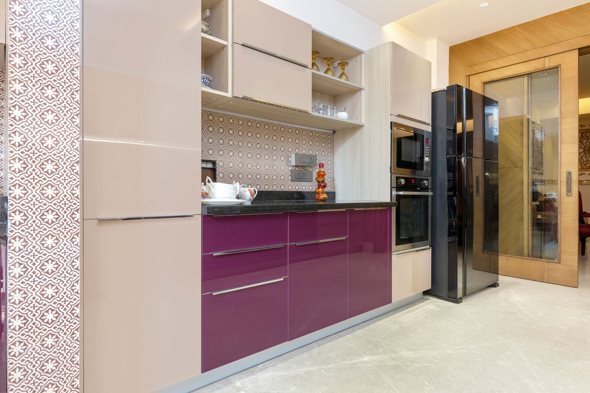 Stylish Parallel Kitchen Design with Aubergine and Light Beige Base ... - A-Line Oblicell Kitchen Cabinets And Ranges Combos