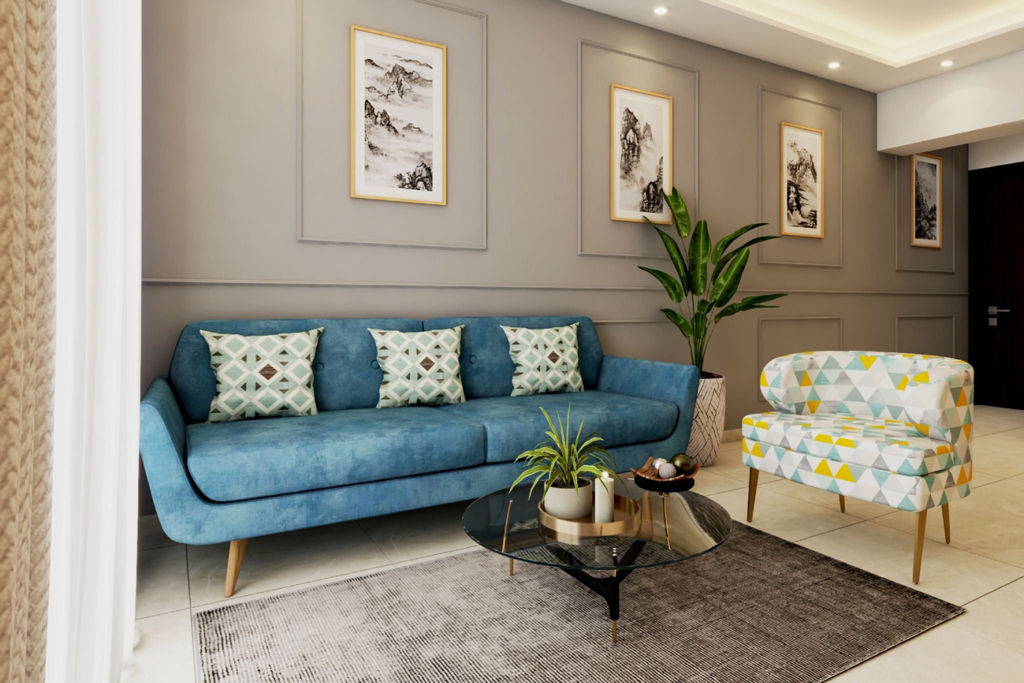 Modern Living Room Design With Blue Sofa And Geometric Accent Chair ...